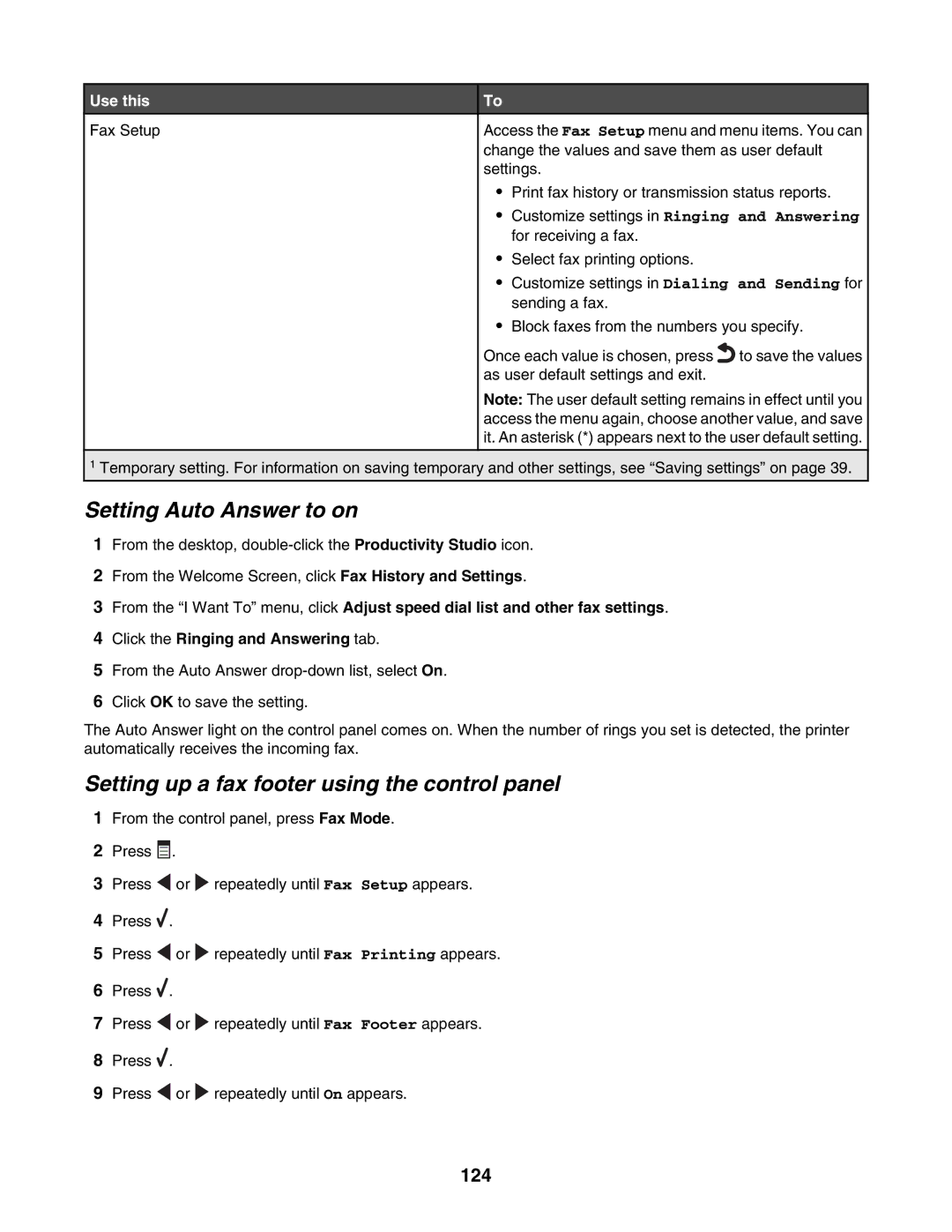 Lexmark 6500 Series manual Setting Auto Answer to on, Setting up a fax footer using the control panel, 124 