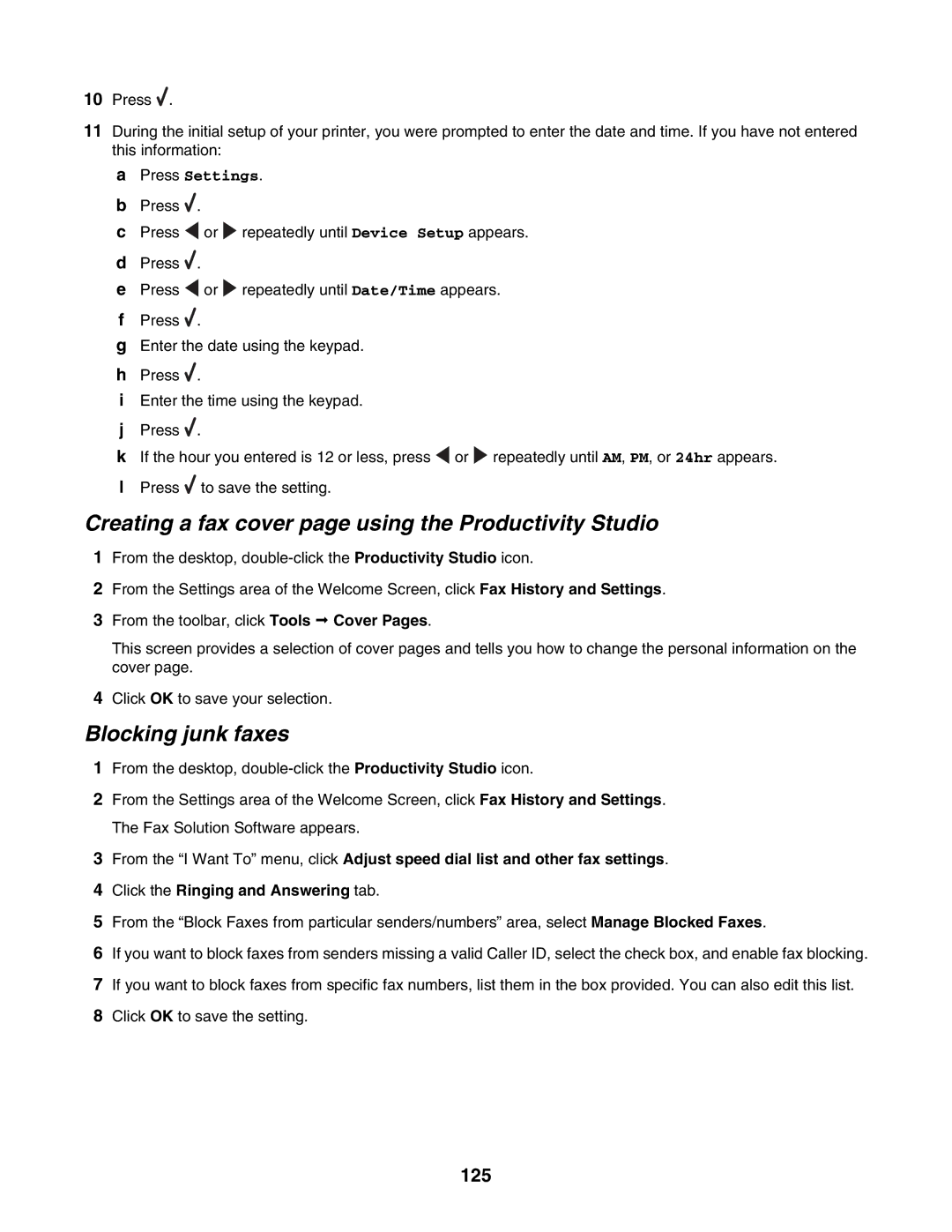 Lexmark 6500 Series manual Creating a fax cover page using the Productivity Studio, Blocking junk faxes, 125 