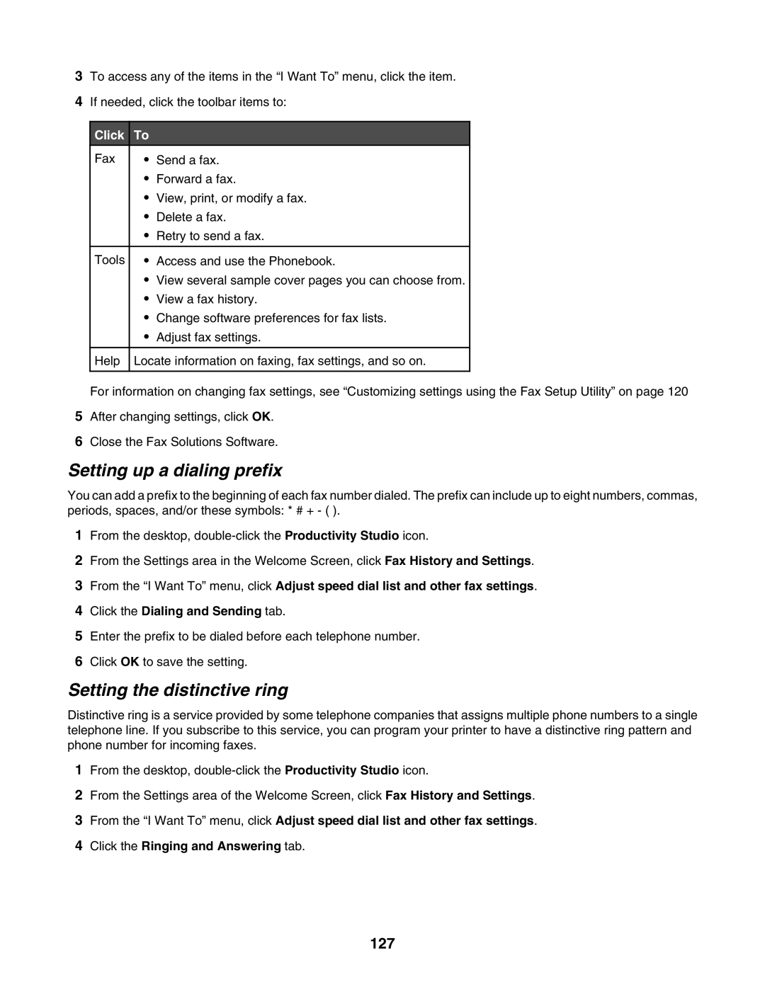 Lexmark 6500 Series manual Setting up a dialing prefix, Setting the distinctive ring, 127 