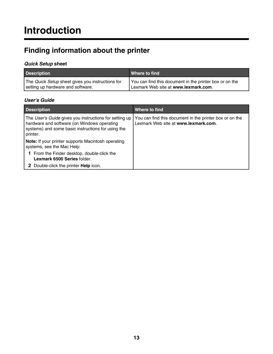 Lexmark 6500 Series manual Introduction, Finding information about the printer, Description, Where to find 