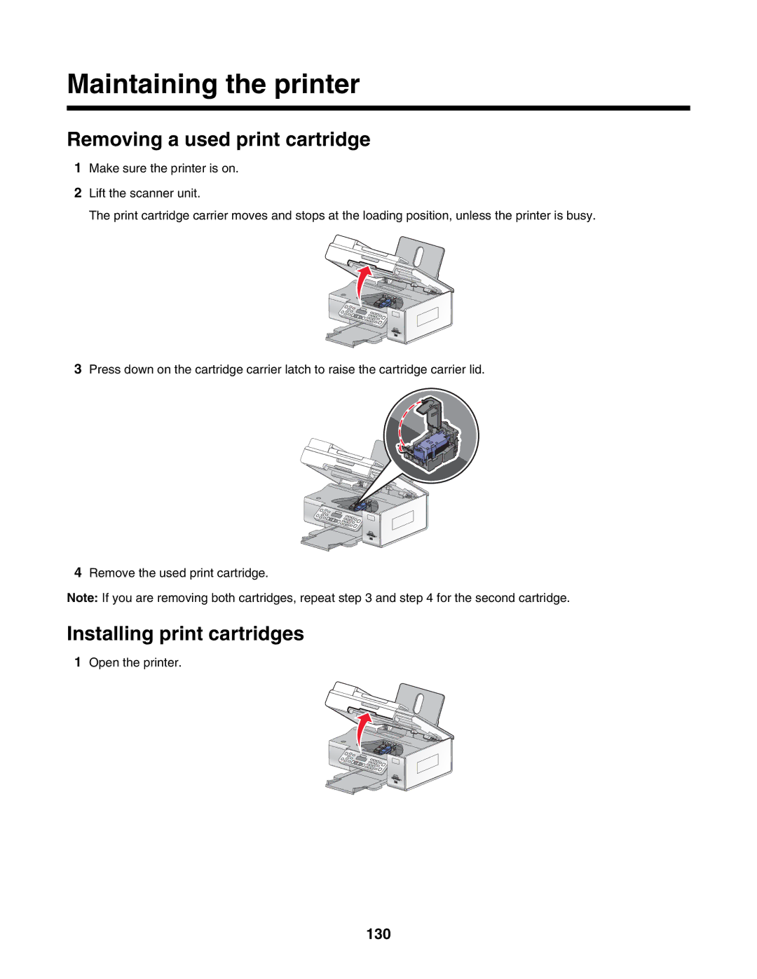 Lexmark 6500 Series manual Maintaining the printer, Removing a used print cartridge, Installing print cartridges, 130 