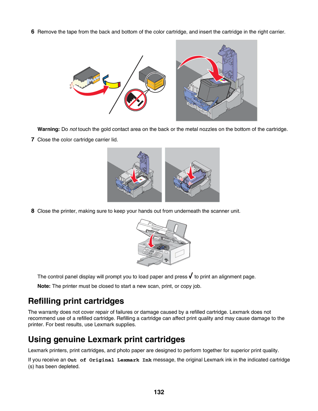 Lexmark 6500 Series manual Refilling print cartridges, Using genuine Lexmark print cartridges, 132 