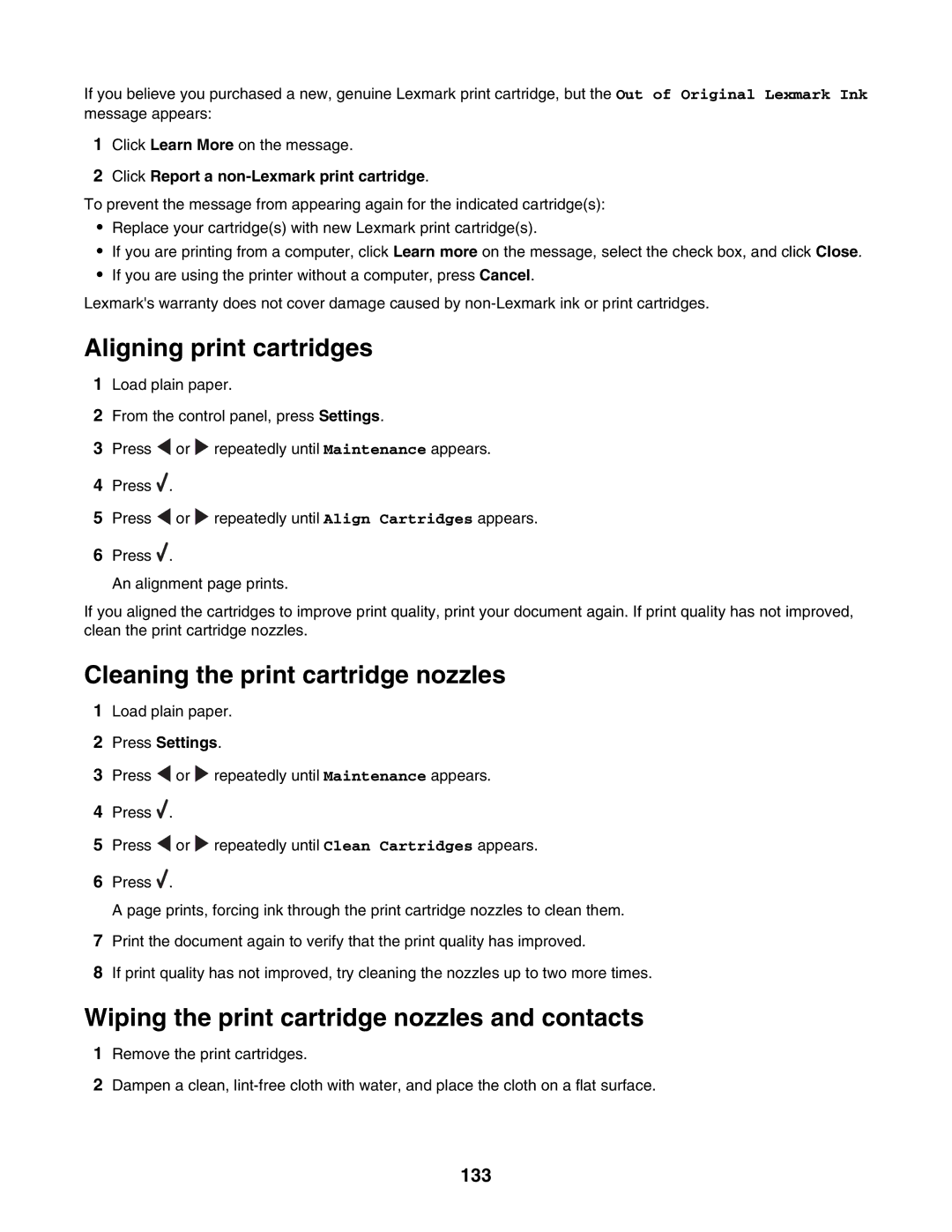 Lexmark 6500 Series manual Aligning print cartridges, Cleaning the print cartridge nozzles, 133 