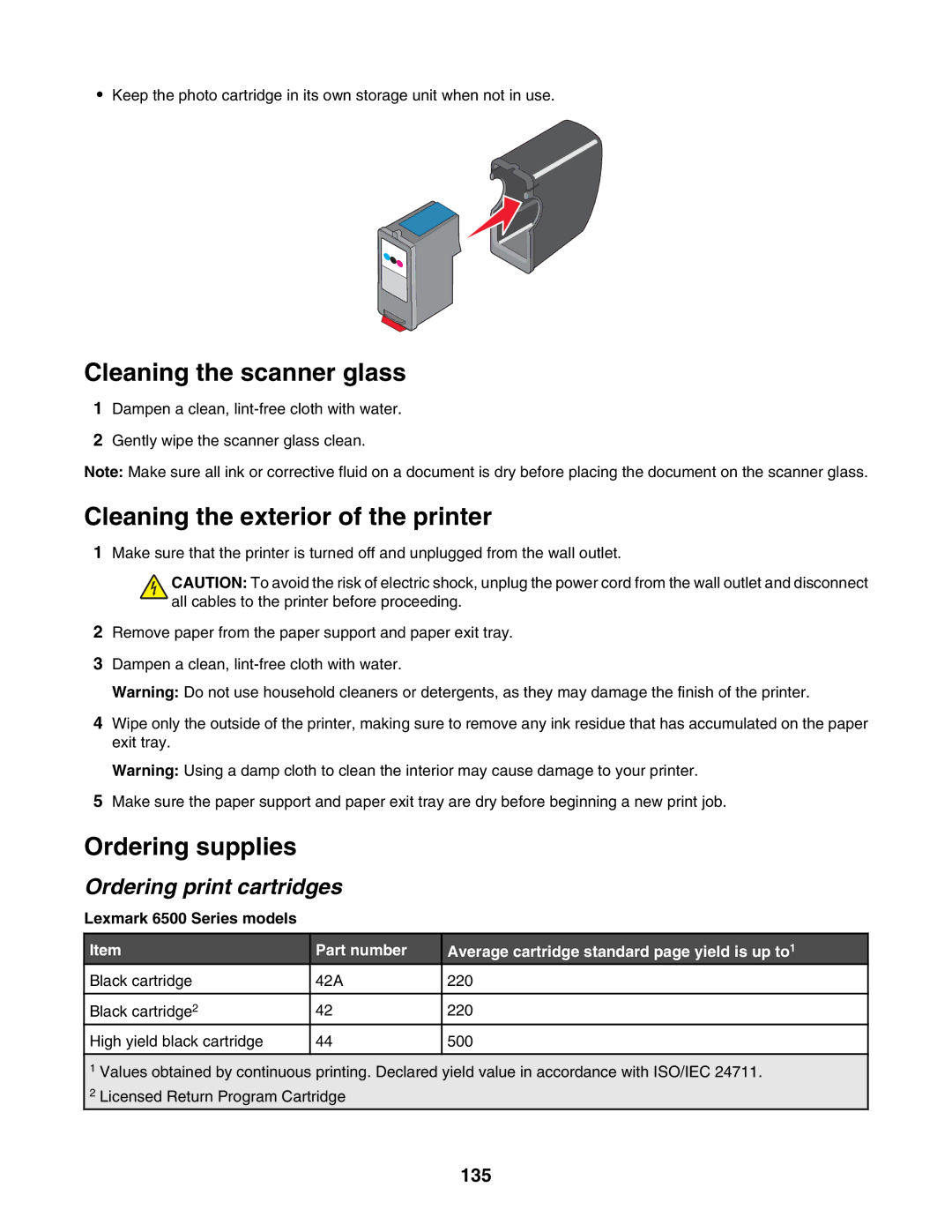 Lexmark 6500 Series manual Cleaning the scanner glass, Cleaning the exterior of the printer, Ordering supplies, 135 