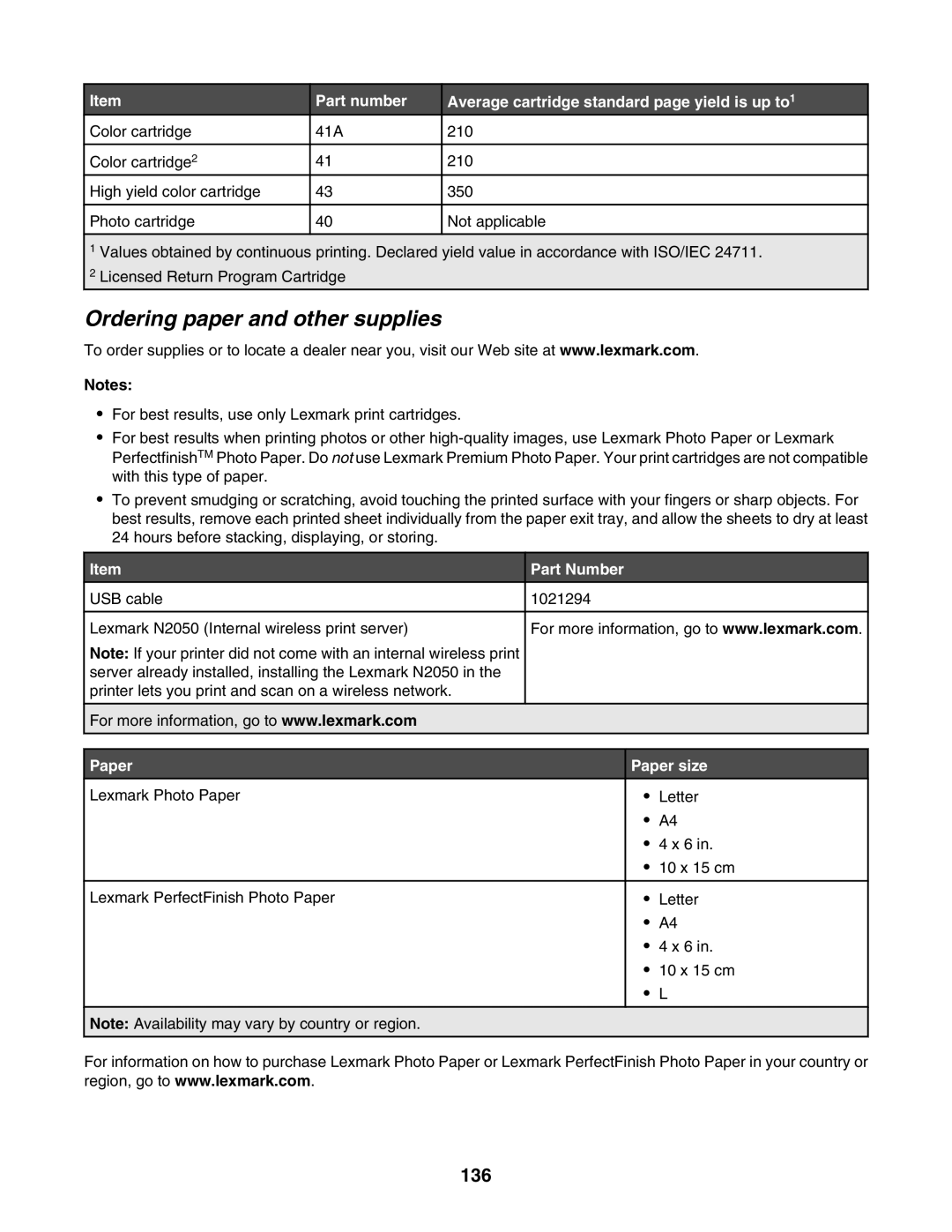 Lexmark 6500 Series manual Ordering paper and other supplies, 136, Part Number, Paper size 