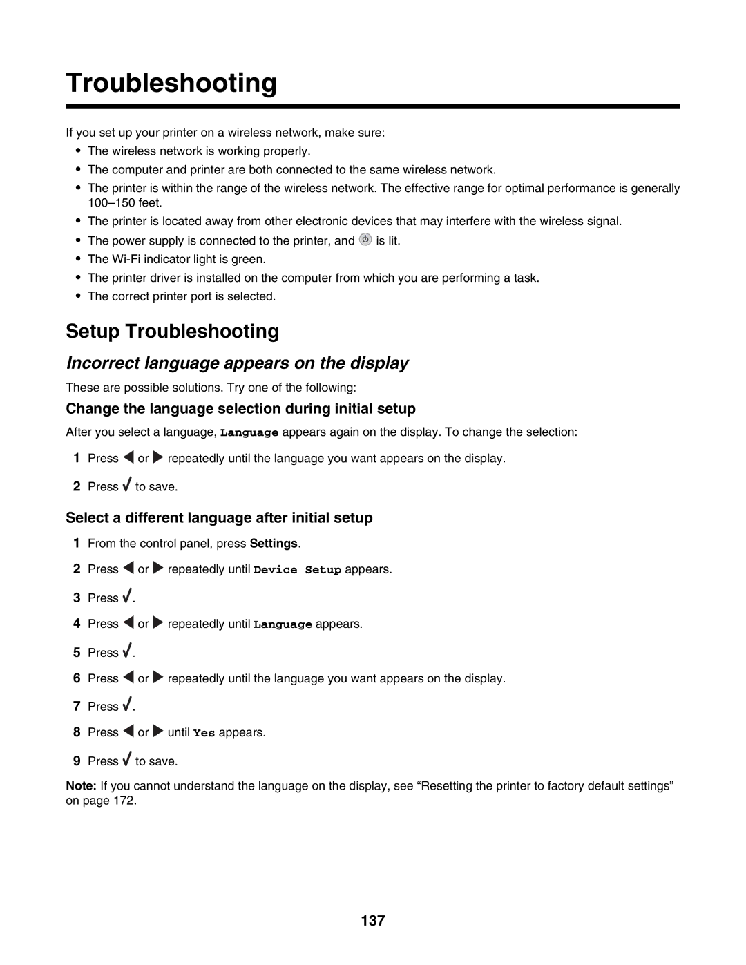 Lexmark 6500 Series manual Setup Troubleshooting, Incorrect language appears on the display 