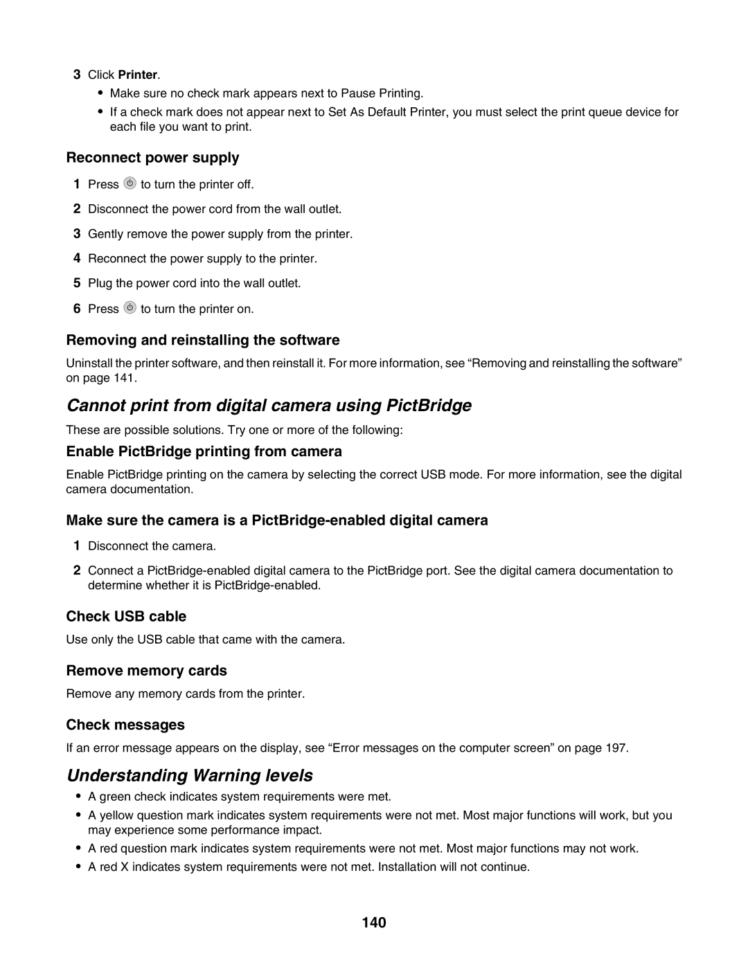 Lexmark 6500 Series manual Cannot print from digital camera using PictBridge, Understanding Warning levels 