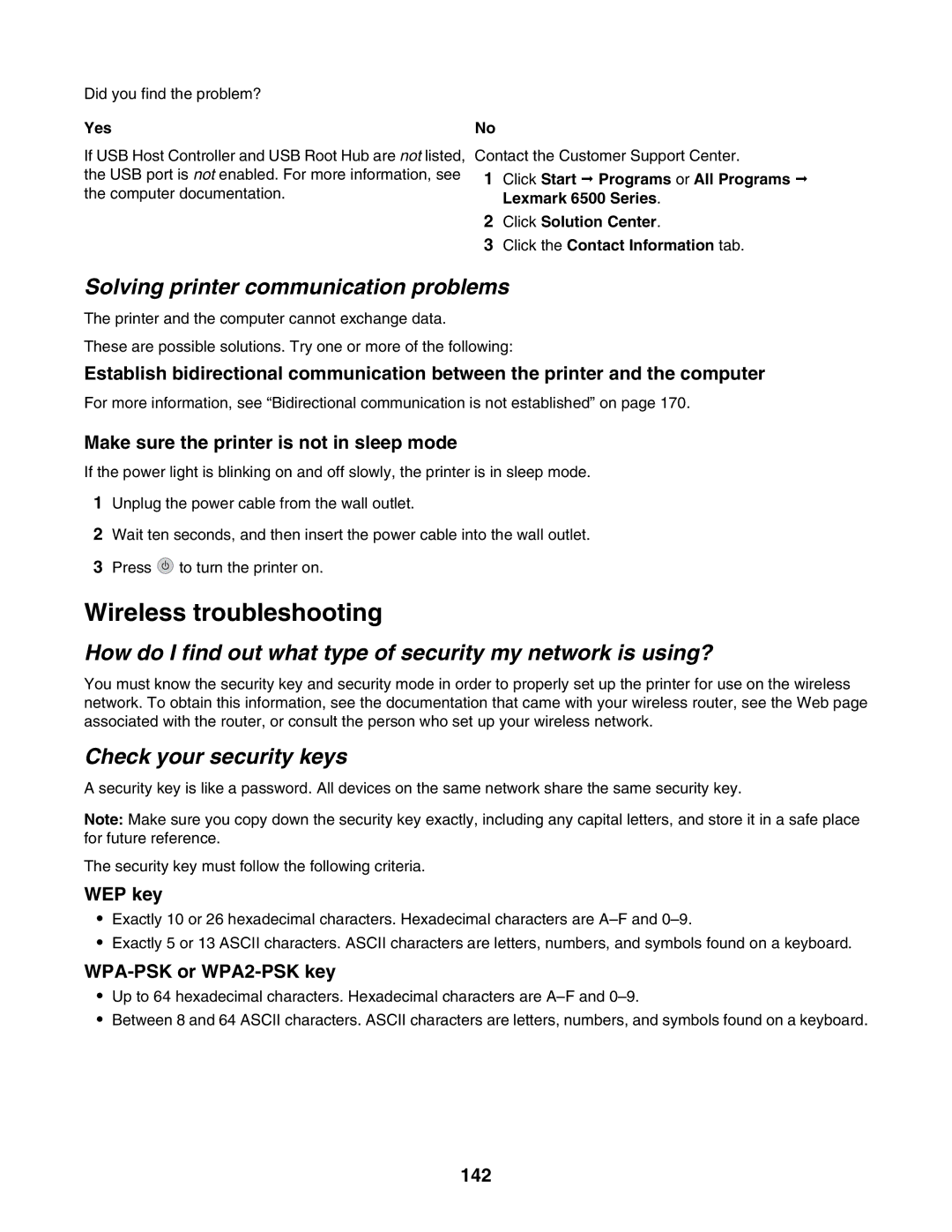 Lexmark 6500 Series manual Wireless troubleshooting, Solving printer communication problems, Check your security keys 