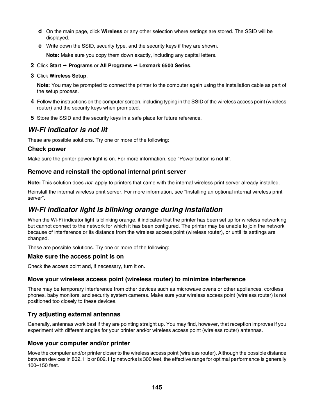 Lexmark 6500 Series manual Wi-Fi indicator is not lit 