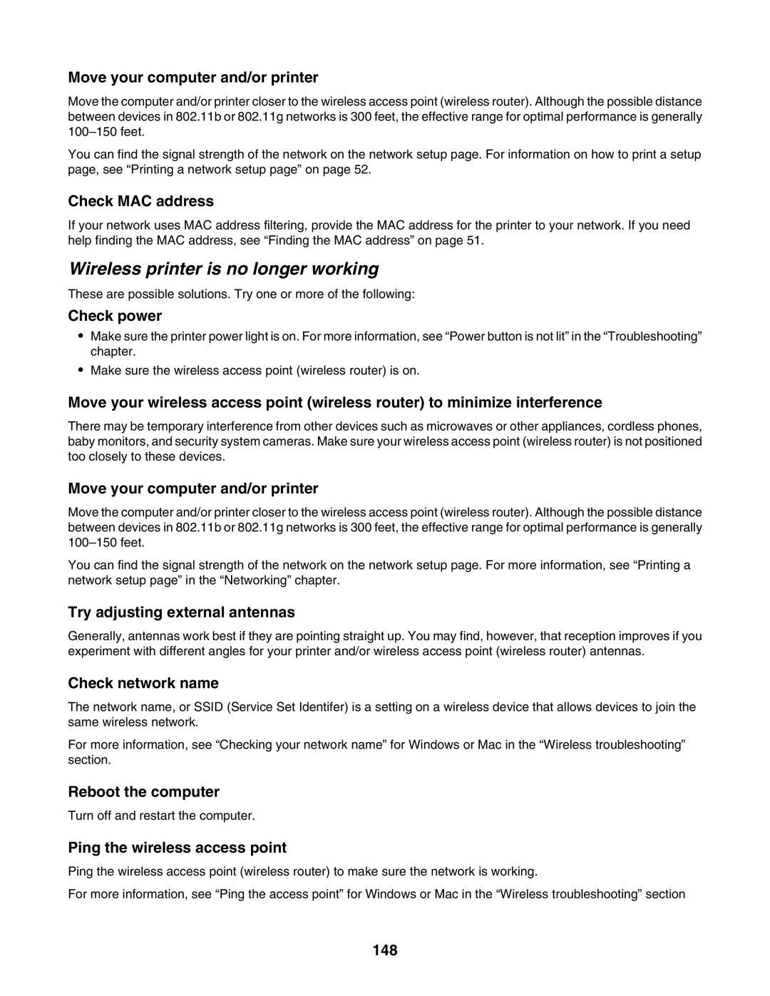 Lexmark 6500 Series manual Wireless printer is no longer working, Ping the wireless access point, 148 