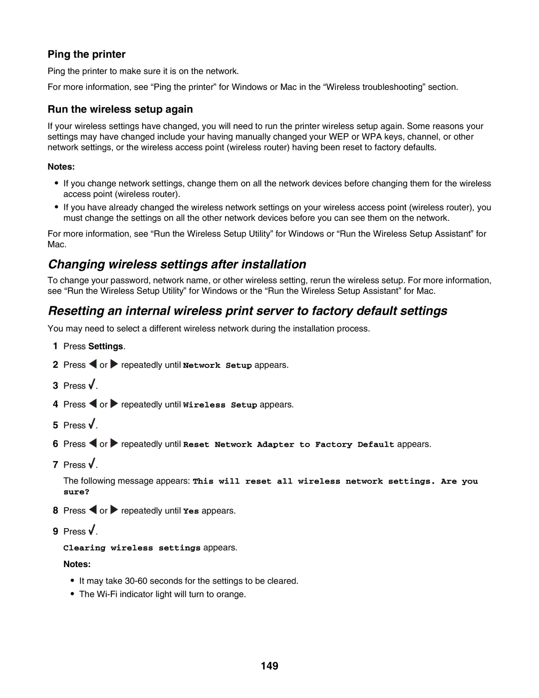 Lexmark 6500 Series manual Changing wireless settings after installation, Ping the printer, 149 