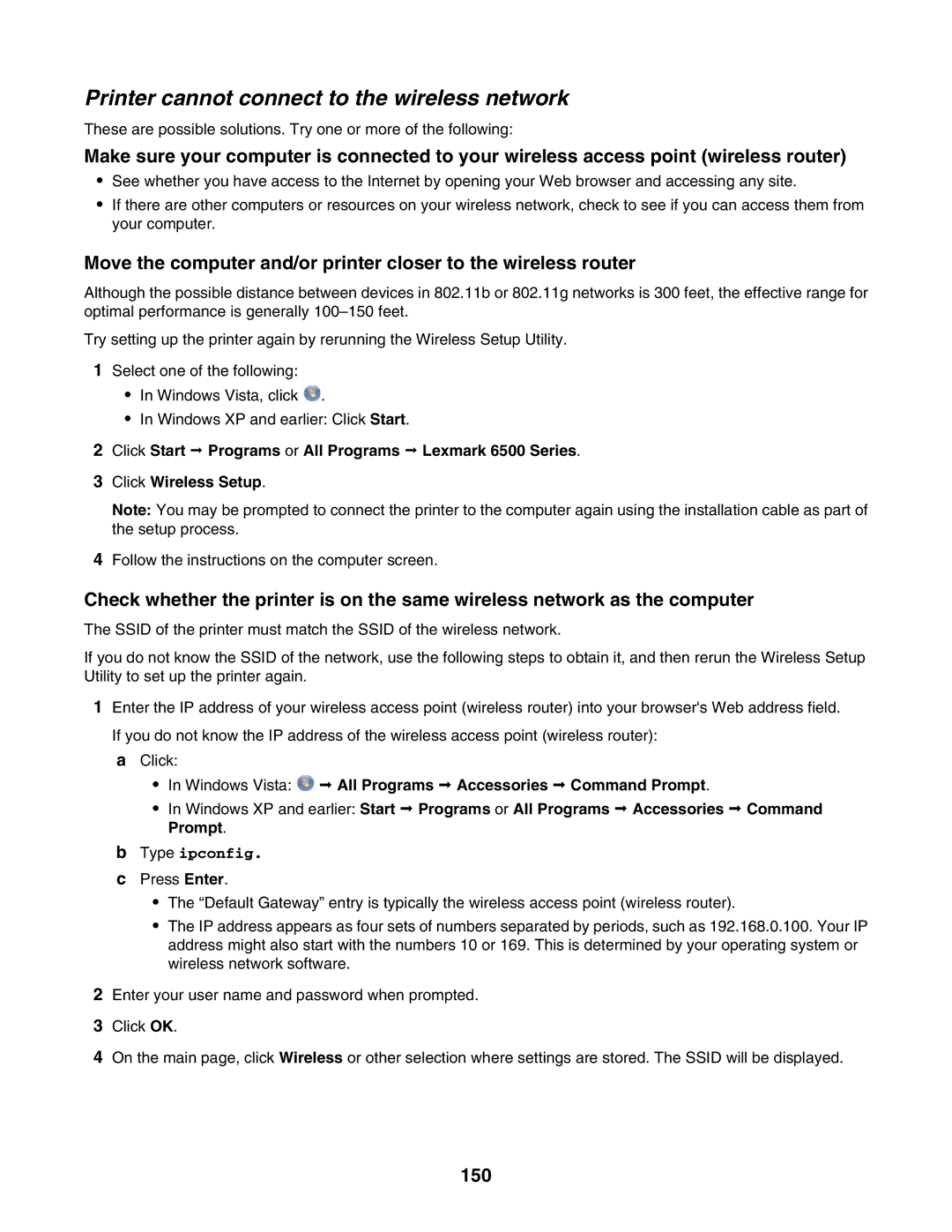 Lexmark 6500 Series manual Printer cannot connect to the wireless network, 150 