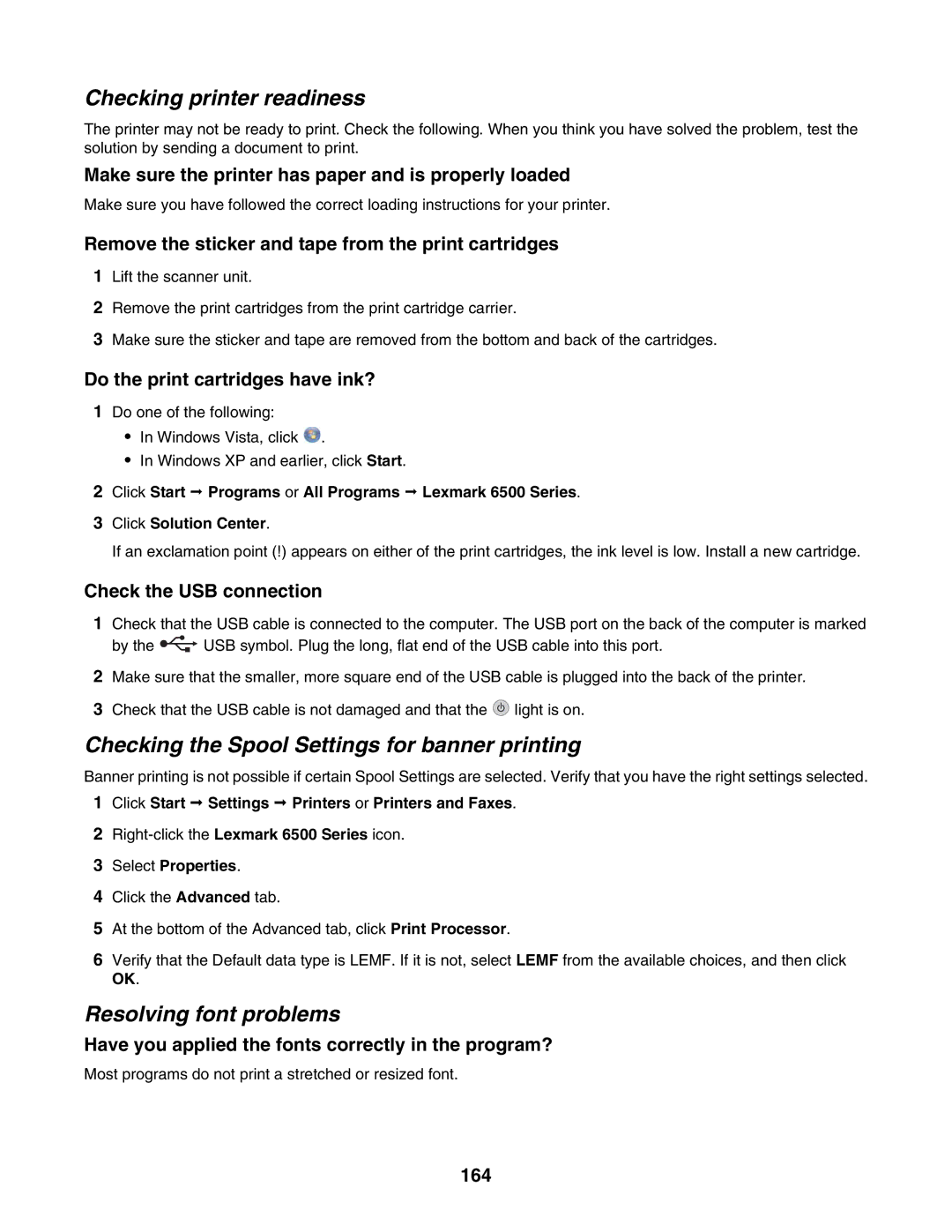 Lexmark 6500 Series Checking printer readiness, Checking the Spool Settings for banner printing, Resolving font problems 