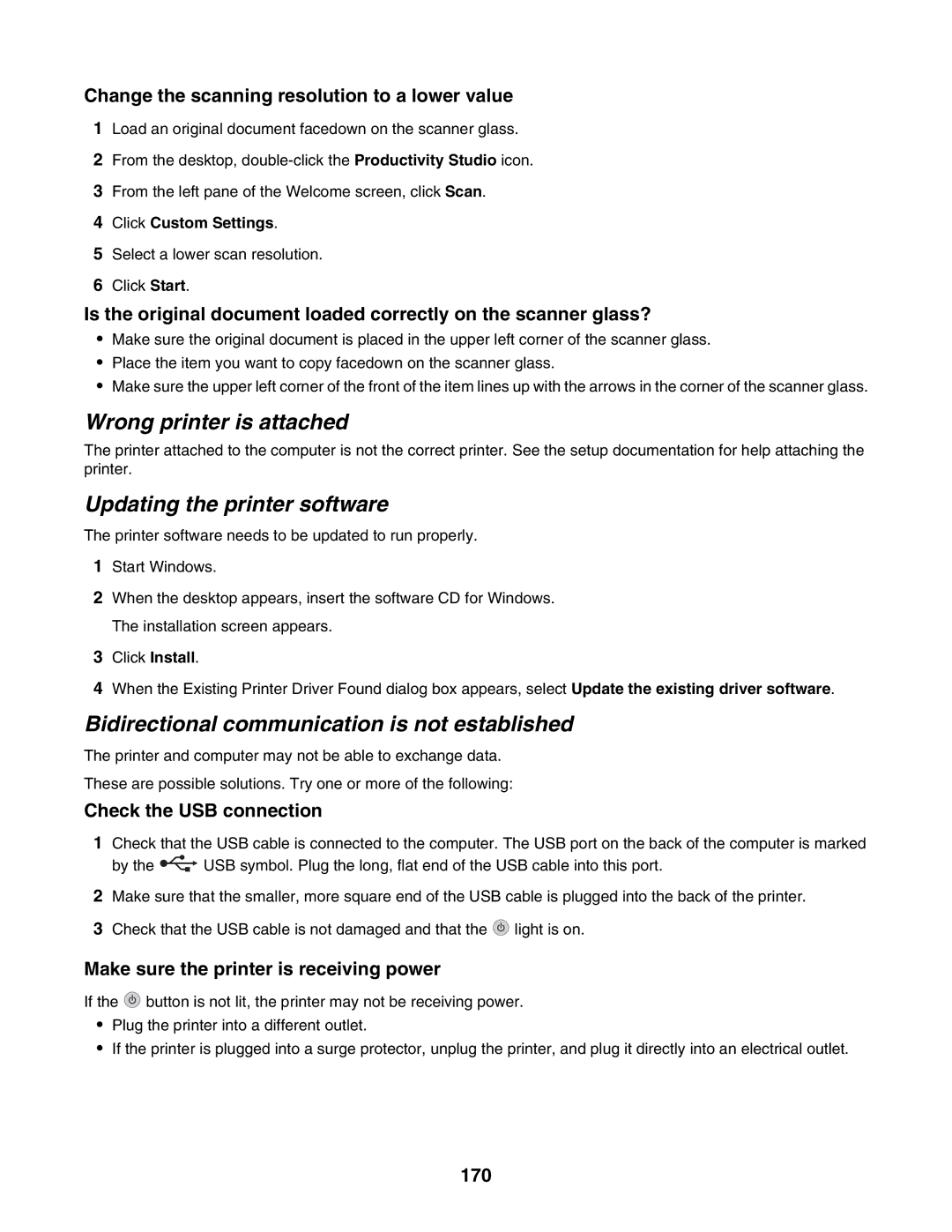 Lexmark 6500 Series manual Wrong printer is attached, Updating the printer software, 170 