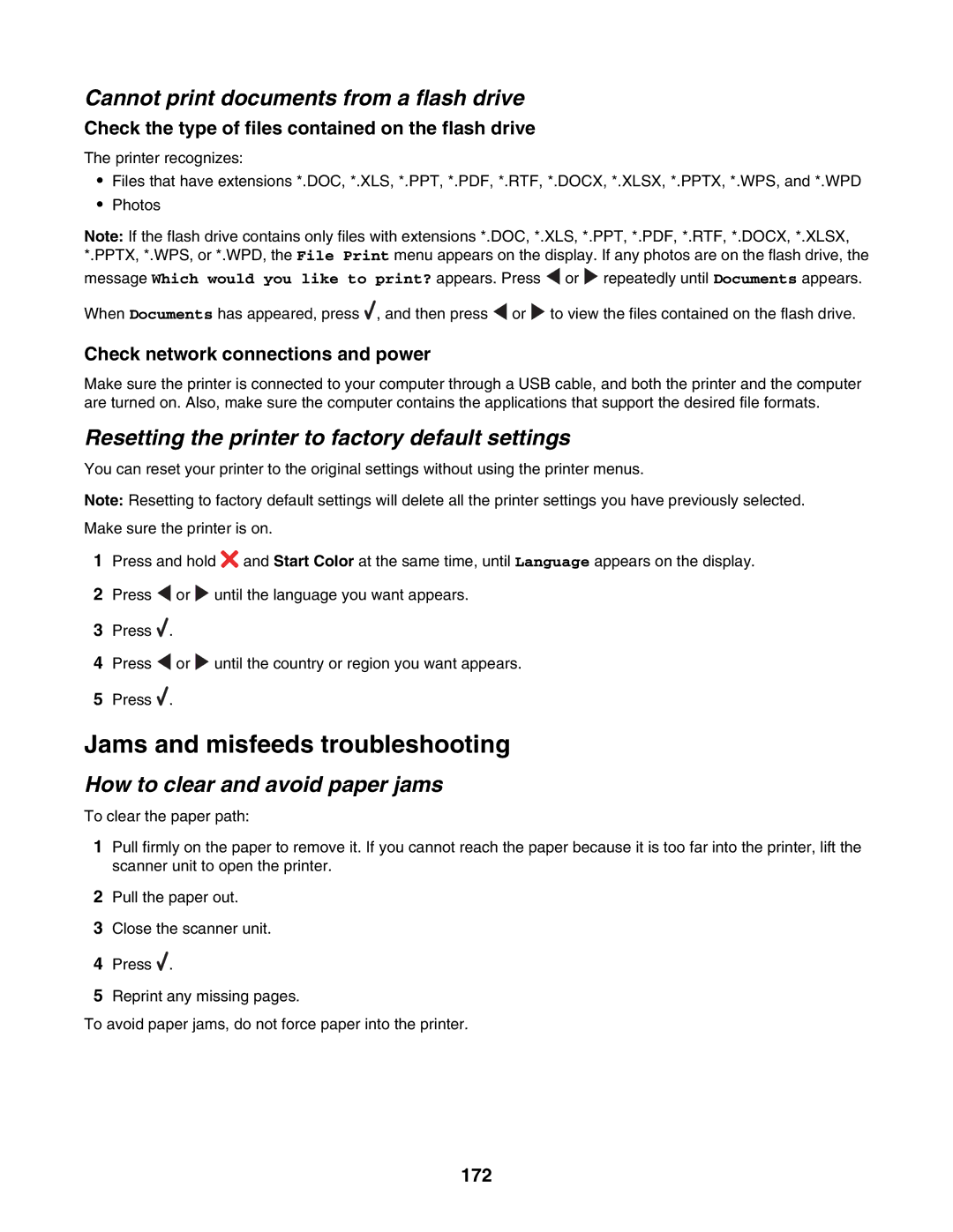 Lexmark 6500 Series manual Jams and misfeeds troubleshooting, Cannot print documents from a flash drive 