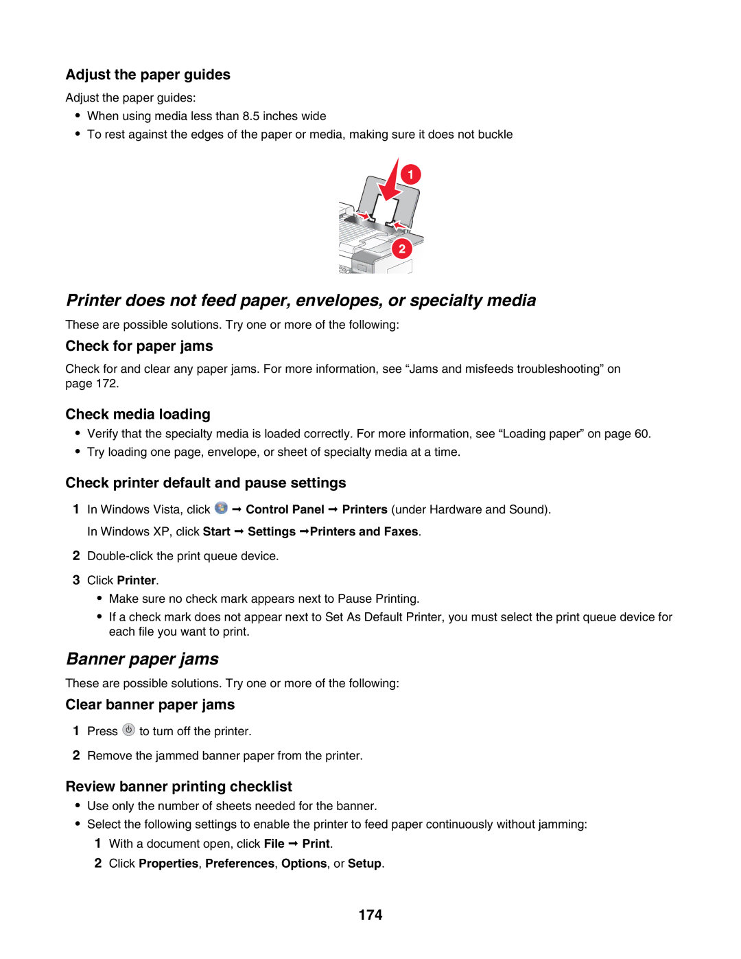 Lexmark 6500 Series manual Printer does not feed paper, envelopes, or specialty media, Banner paper jams 