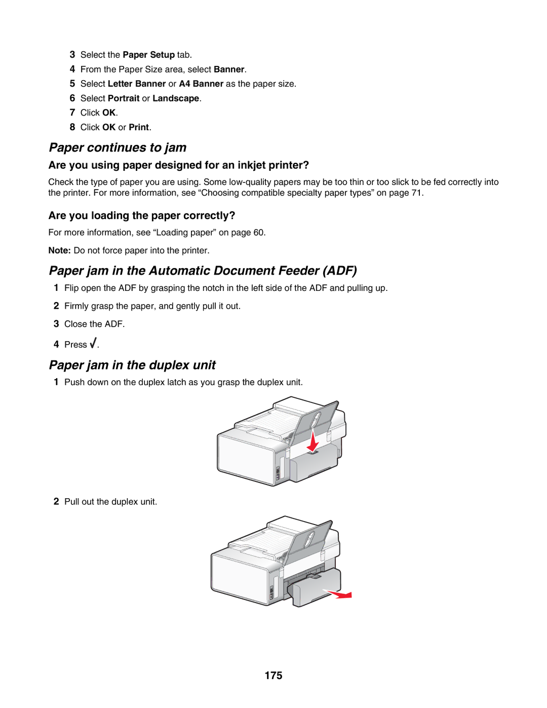 Lexmark 6500 Series Paper continues to jam, Paper jam in the Automatic Document Feeder ADF, Paper jam in the duplex unit 