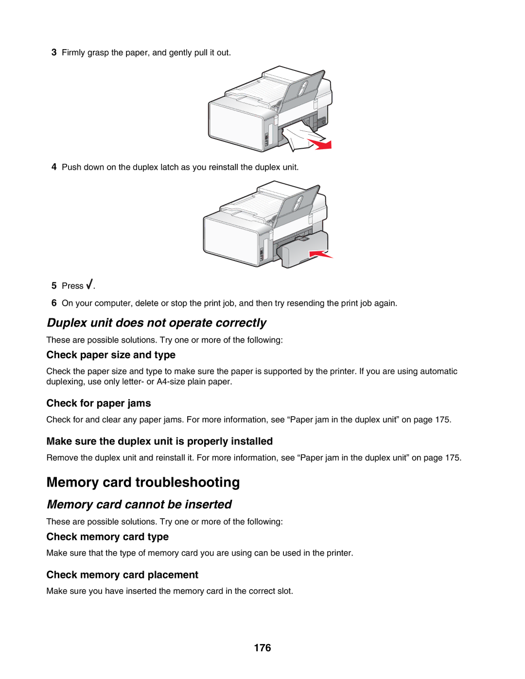 Lexmark 6500 Series Memory card troubleshooting, Duplex unit does not operate correctly, Memory card cannot be inserted 