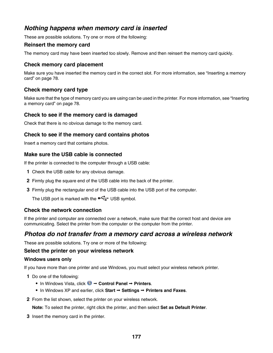 Lexmark 6500 Series manual Nothing happens when memory card is inserted 