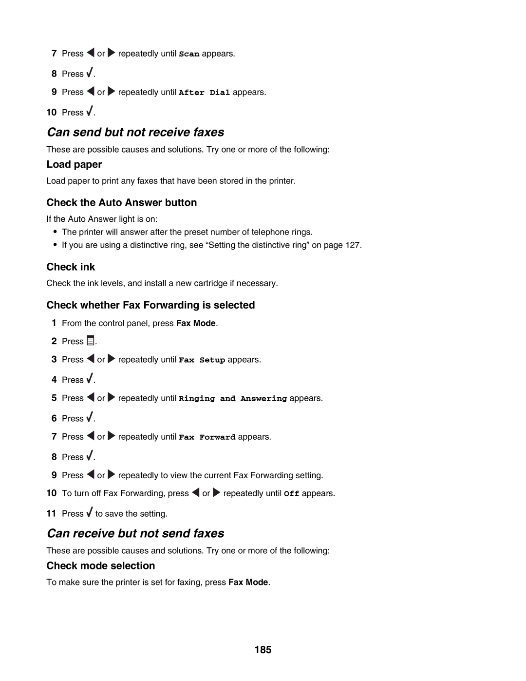 Lexmark 6500 Series manual Can send but not receive faxes, Can receive but not send faxes 