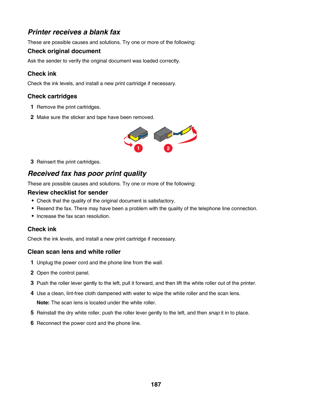 Lexmark 6500 Series manual Printer receives a blank fax, Received fax has poor print quality 