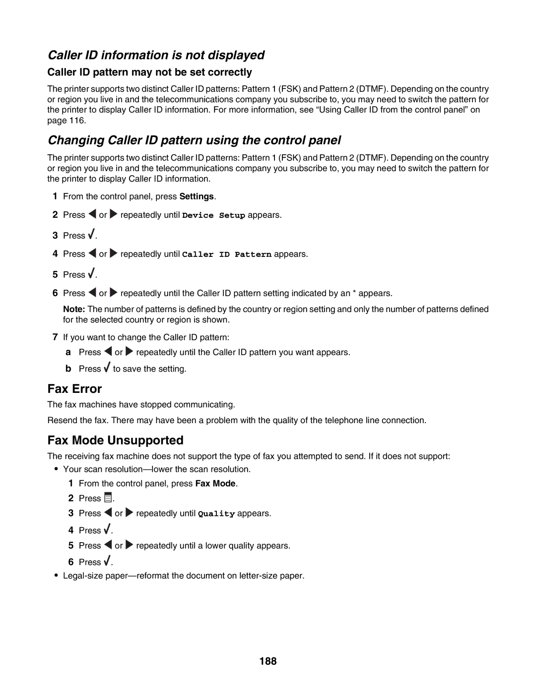 Lexmark 6500 Series manual Caller ID information is not displayed, Changing Caller ID pattern using the control panel, 188 