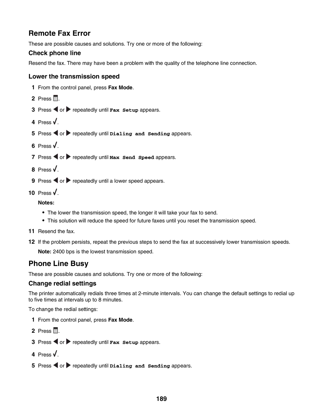 Lexmark 6500 Series manual Check phone line, Lower the transmission speed, Change redial settings, 189 