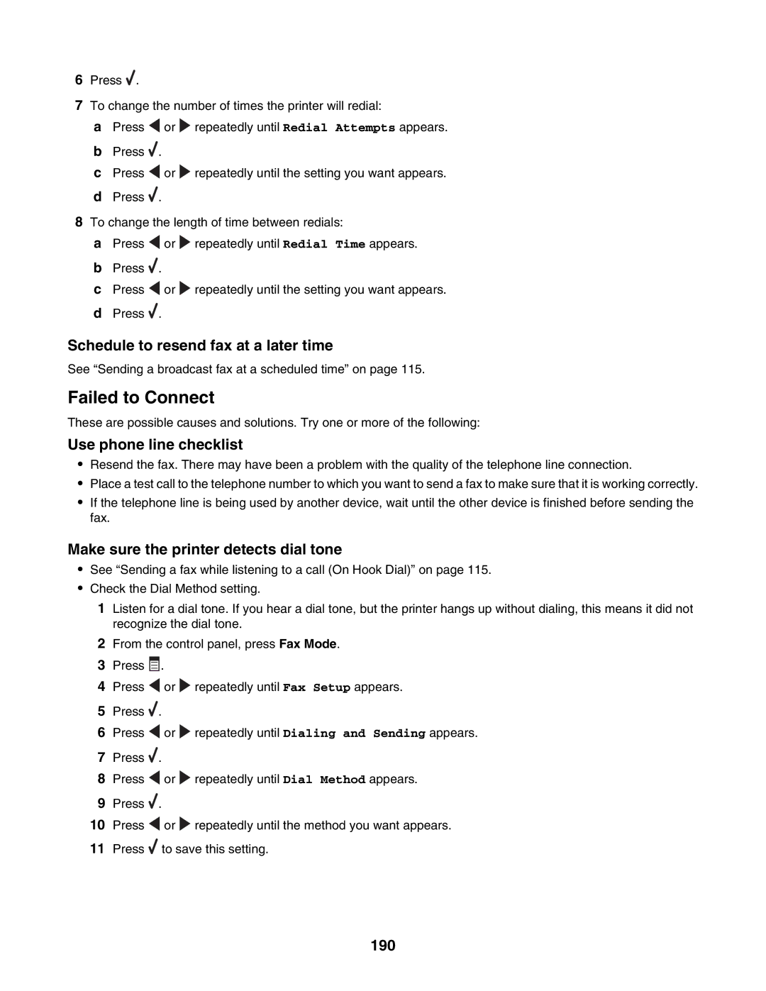 Lexmark 6500 Series manual Schedule to resend fax at a later time, Use phone line checklist, 190 