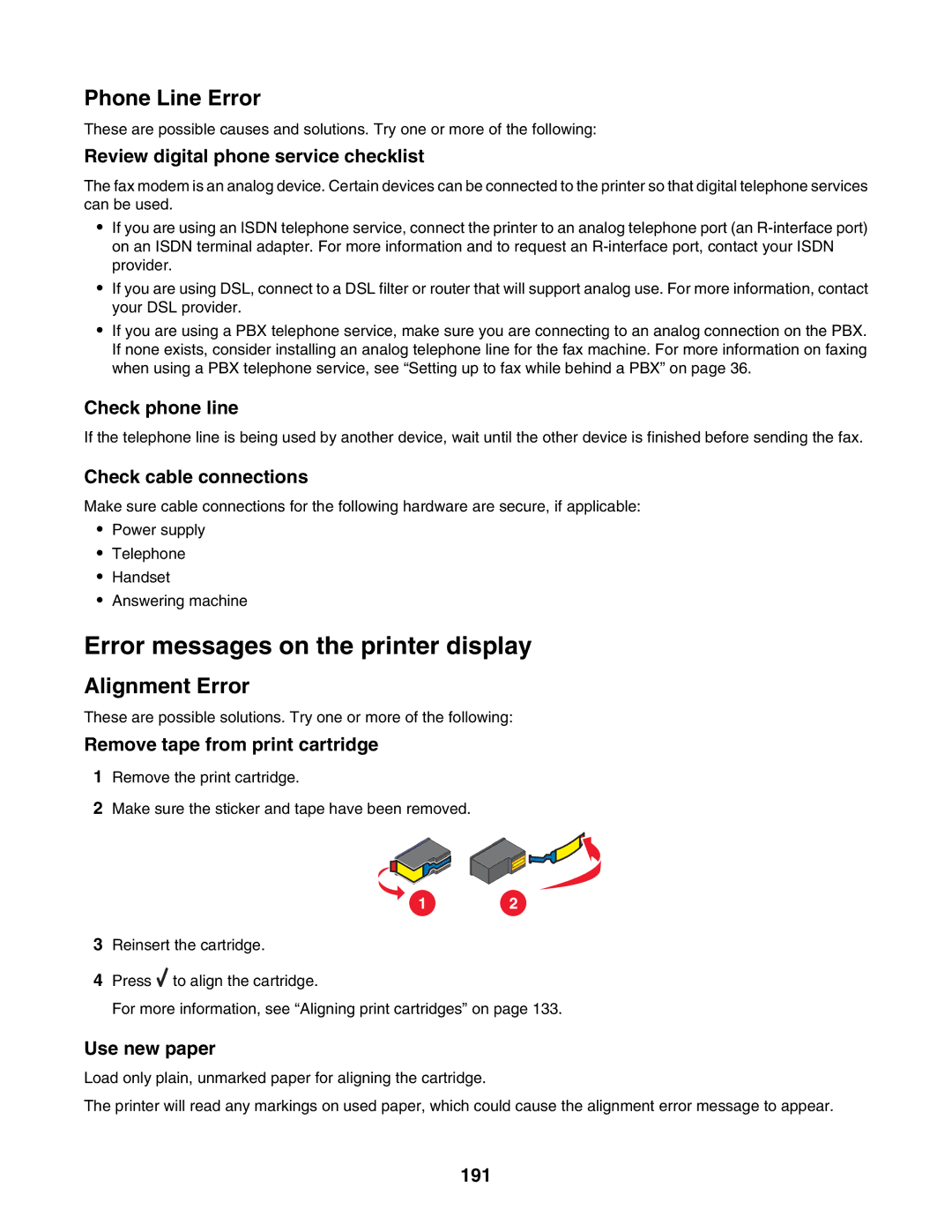 Lexmark 6500 Series manual Error messages on the printer display, Remove tape from print cartridge, Use new paper, 191 