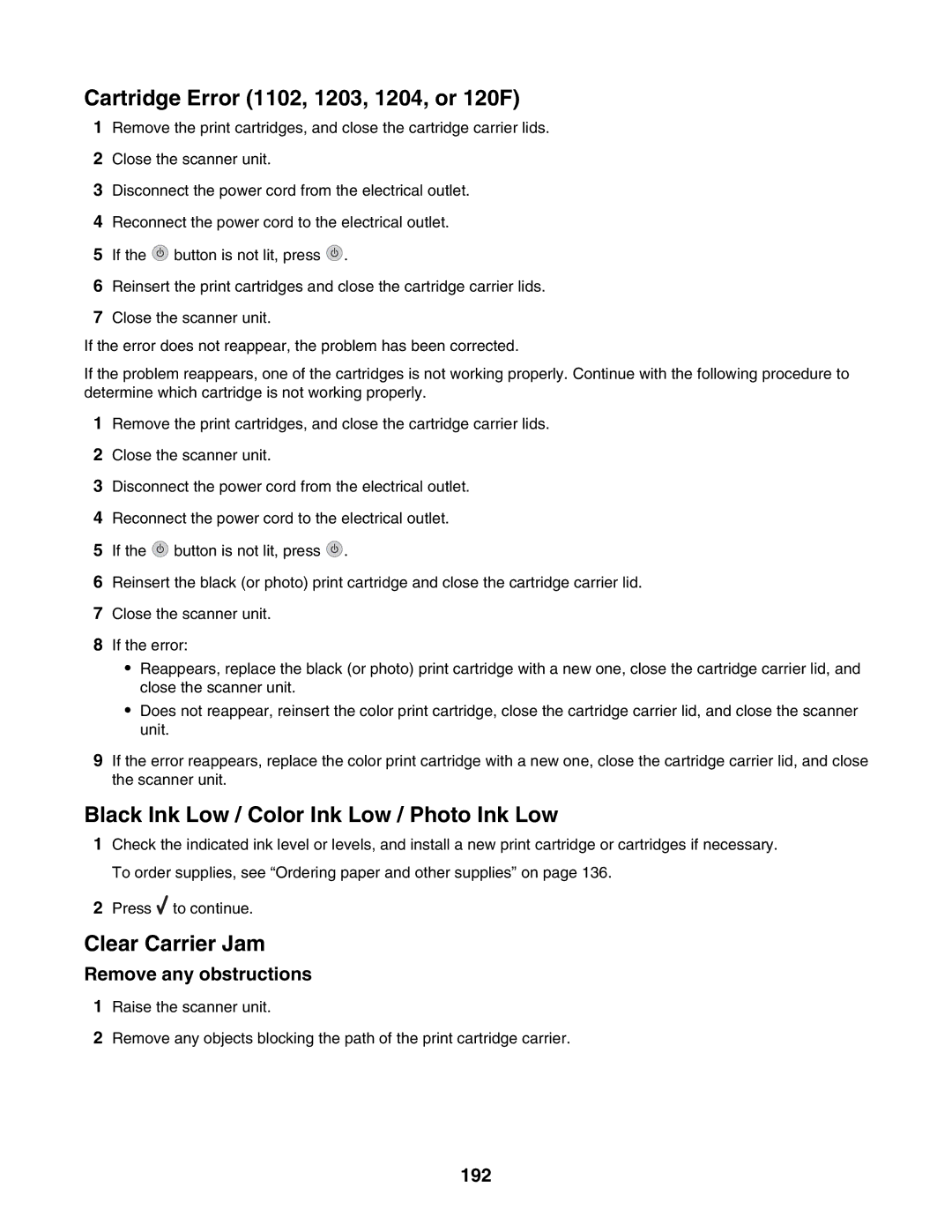 Lexmark 6500 Series manual Remove any obstructions, 192 