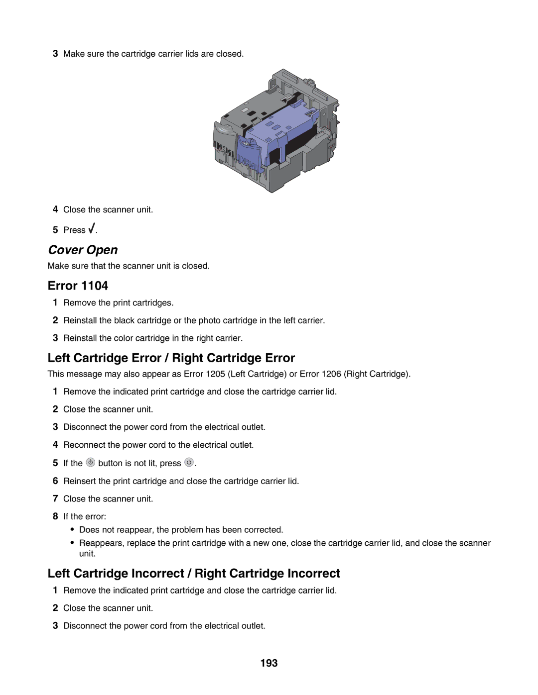 Lexmark 6500 Series manual Cover Open, 193 