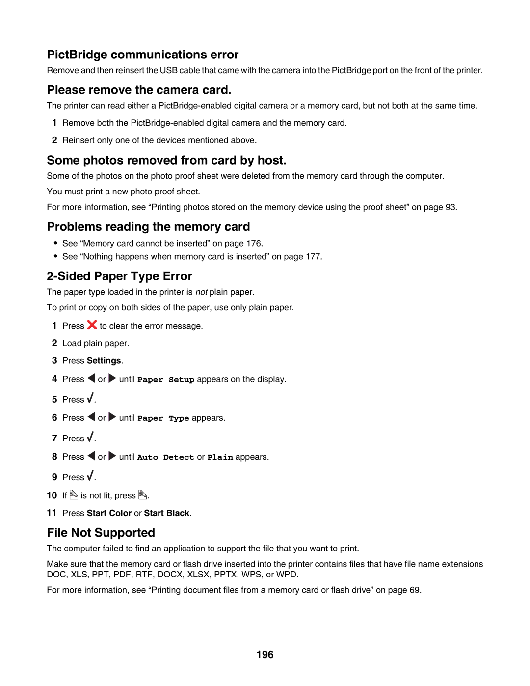 Lexmark 6500 Series manual PictBridge communications error, 196 