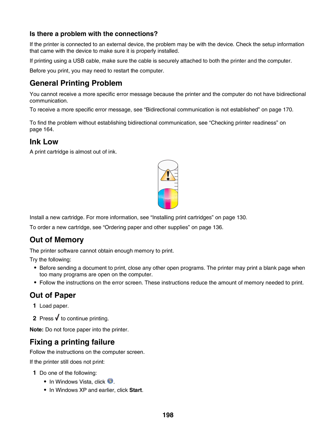 Lexmark 6500 Series manual General Printing Problem, 198 