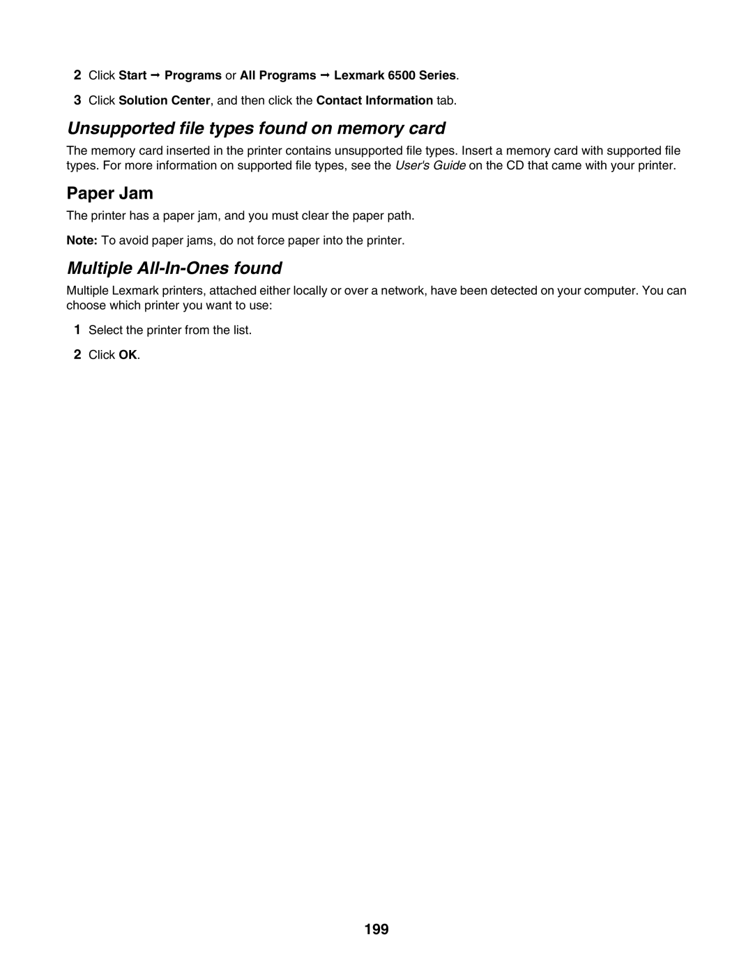 Lexmark 6500 Series manual Unsupported file types found on memory card, Multiple All-In-Ones found, 199 