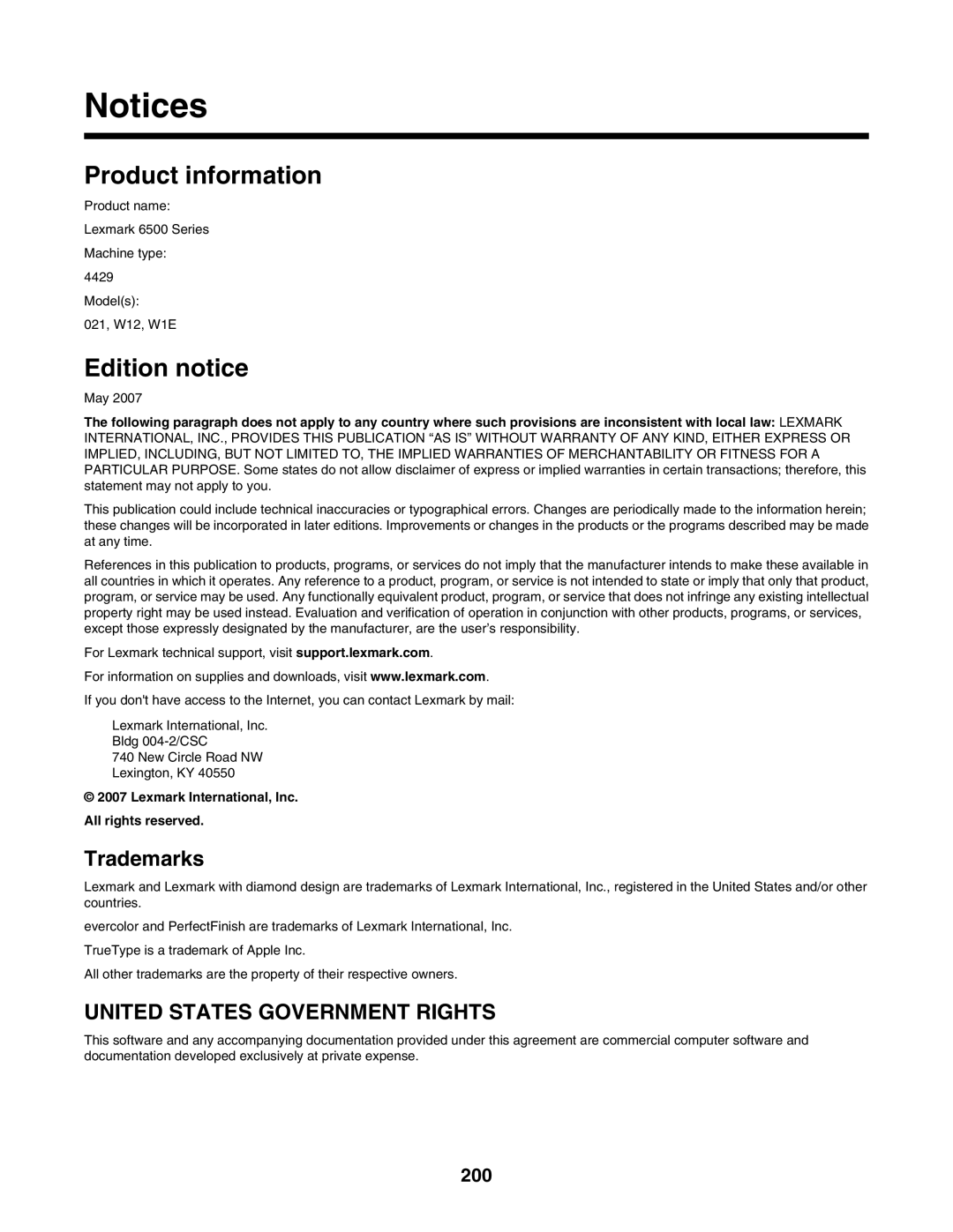 Lexmark 6500 Series manual Product information, Edition notice, 200 