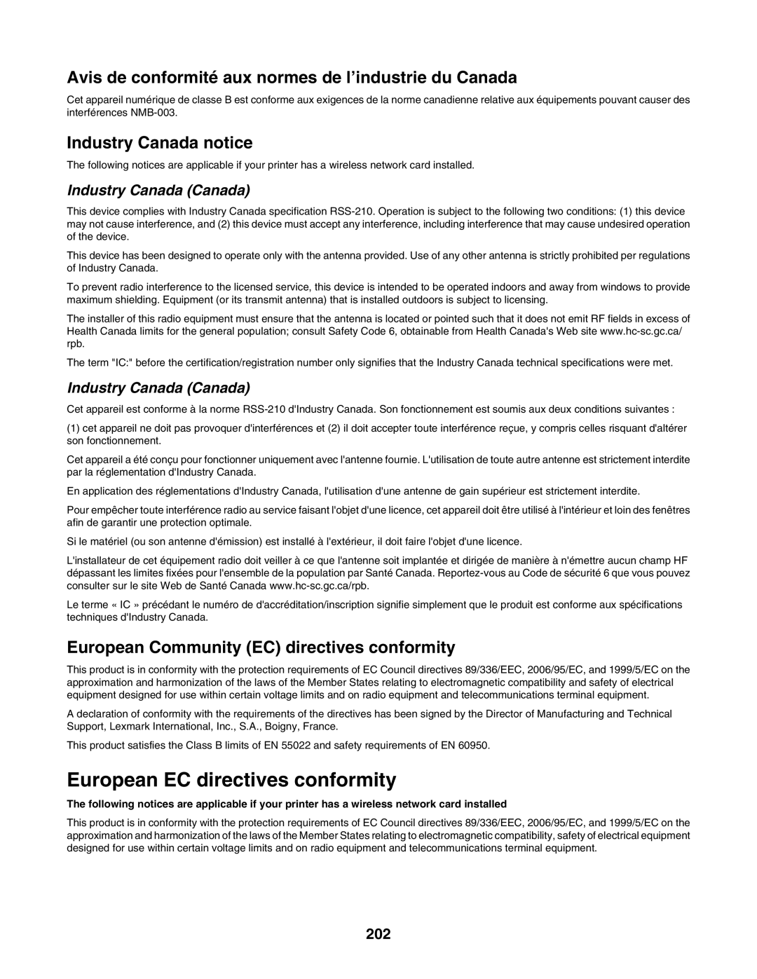 Lexmark 6500 Series manual European EC directives conformity, 202 