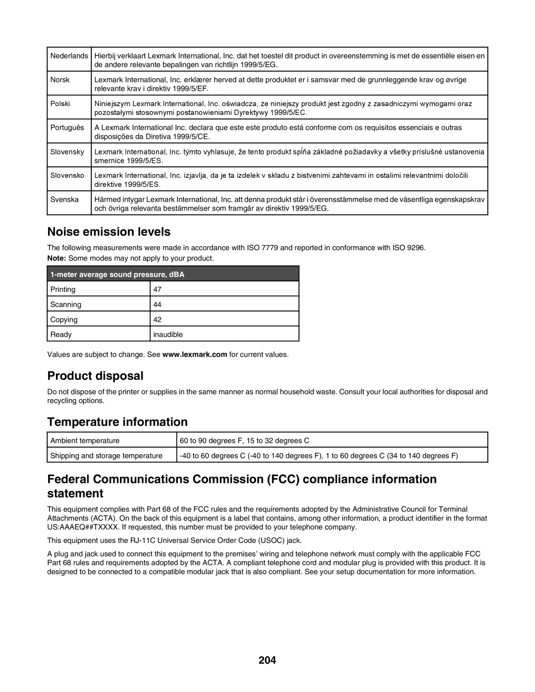 Lexmark 6500 Series manual Noise emission levels, 204 