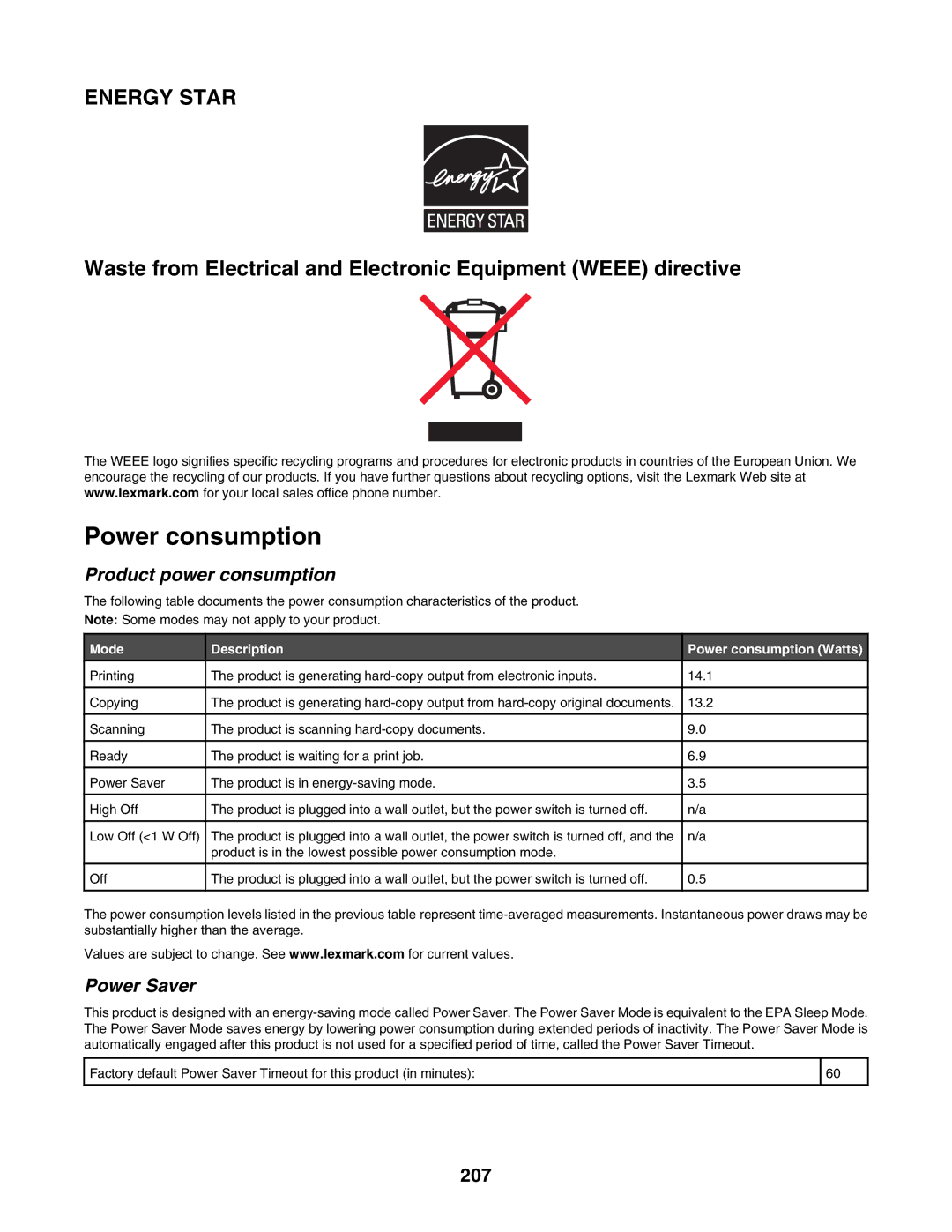 Lexmark 6500 Series manual Power consumption, 207 