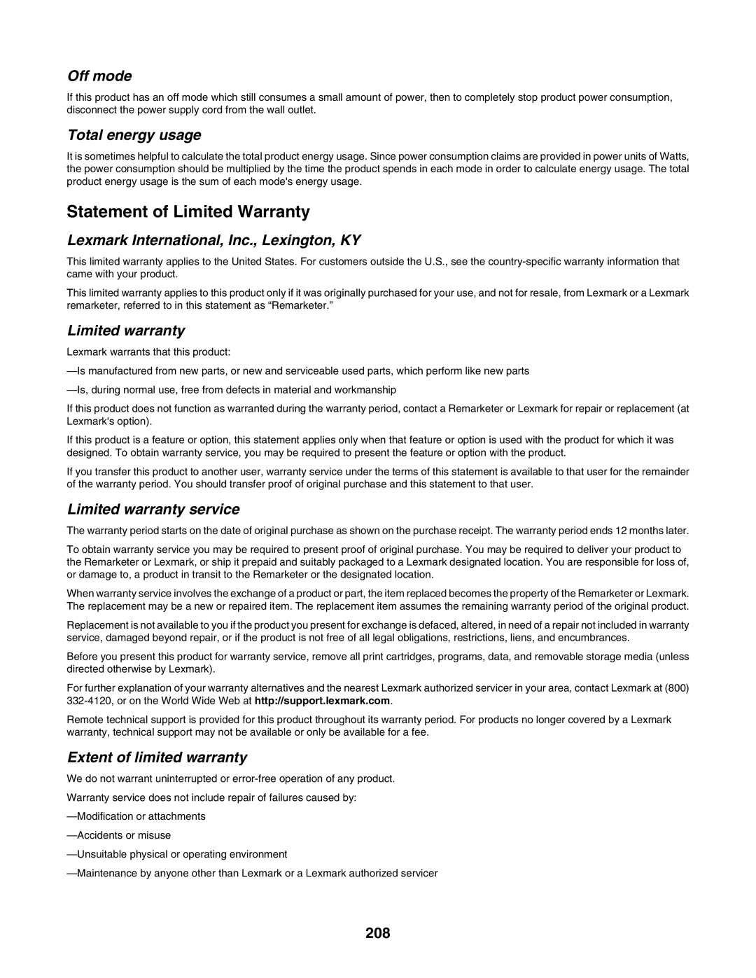 Lexmark 6500 Series manual Off mode, 208 