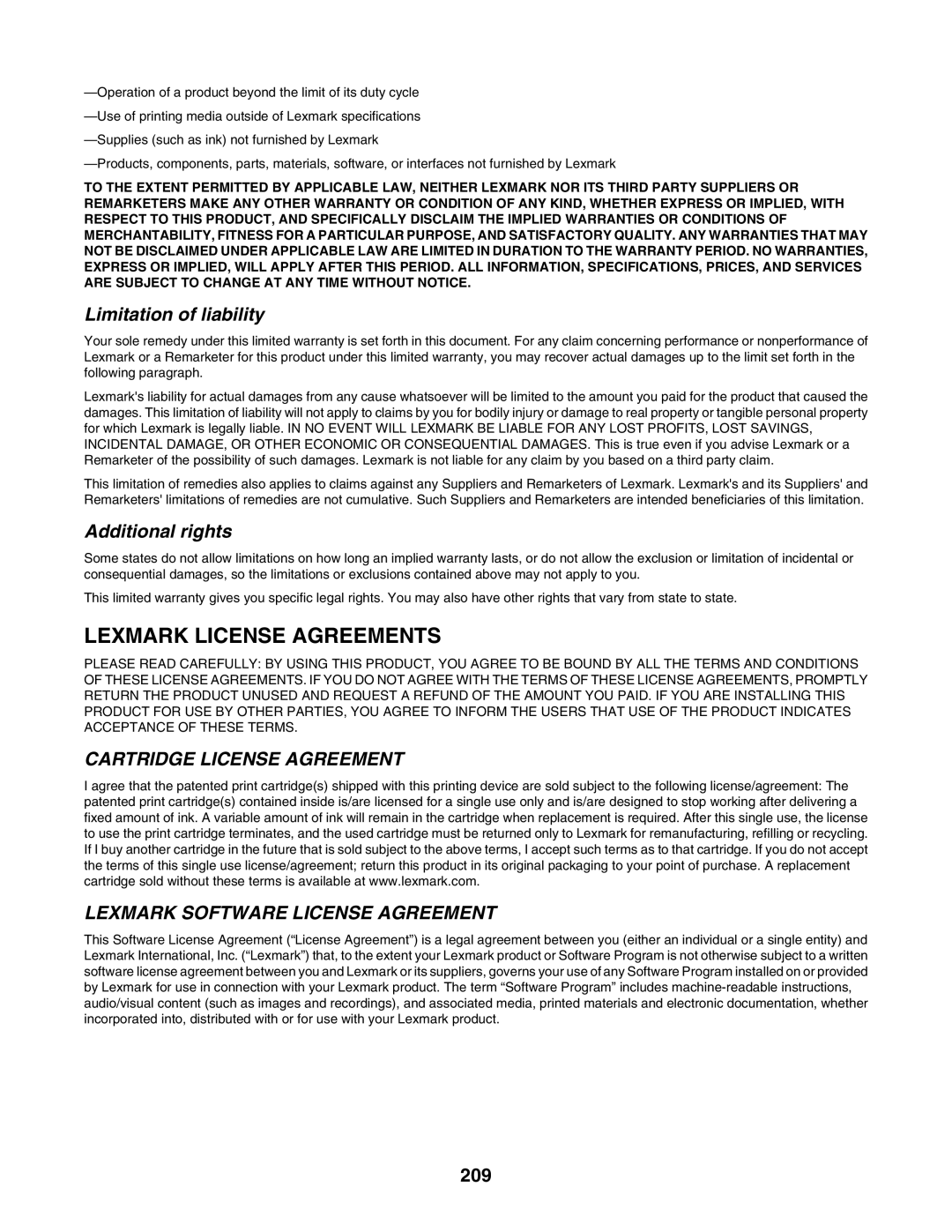 Lexmark 6500 Series manual Limitation of liability, 209 