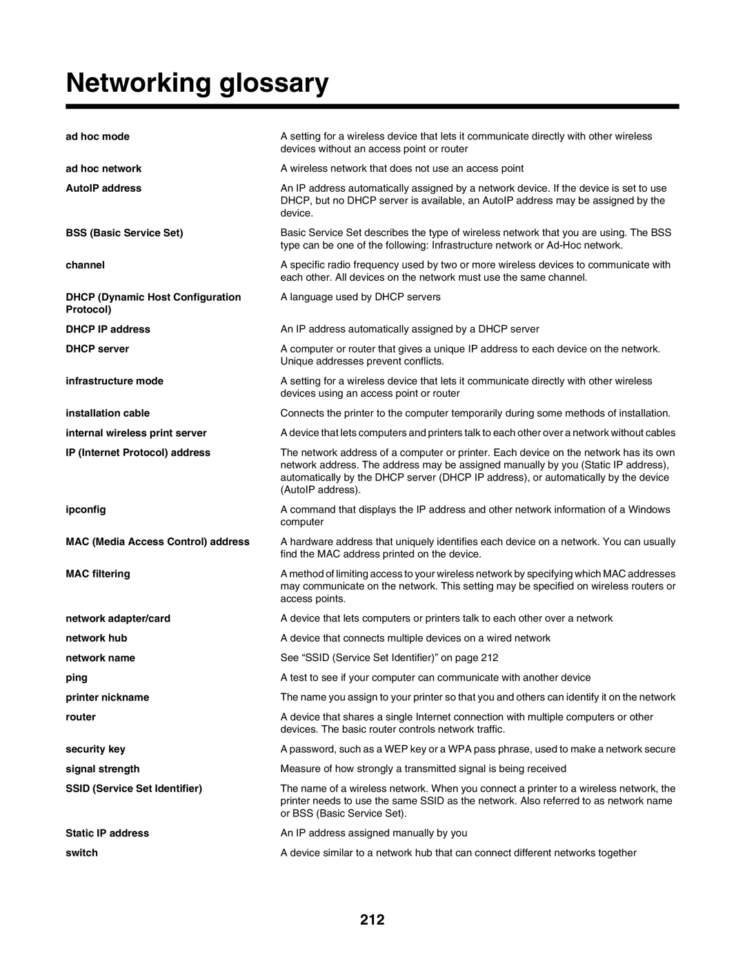 Lexmark 6500 Series manual Networking glossary, 212 