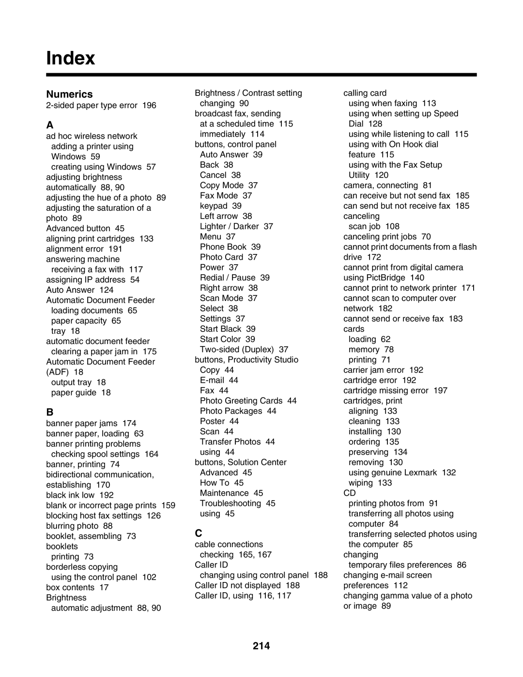 Lexmark 6500 Series manual Index, Numerics, 214 