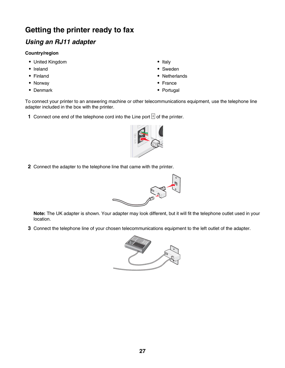 Lexmark 6500 Series manual Getting the printer ready to fax, Using an RJ11 adapter, Country/region 