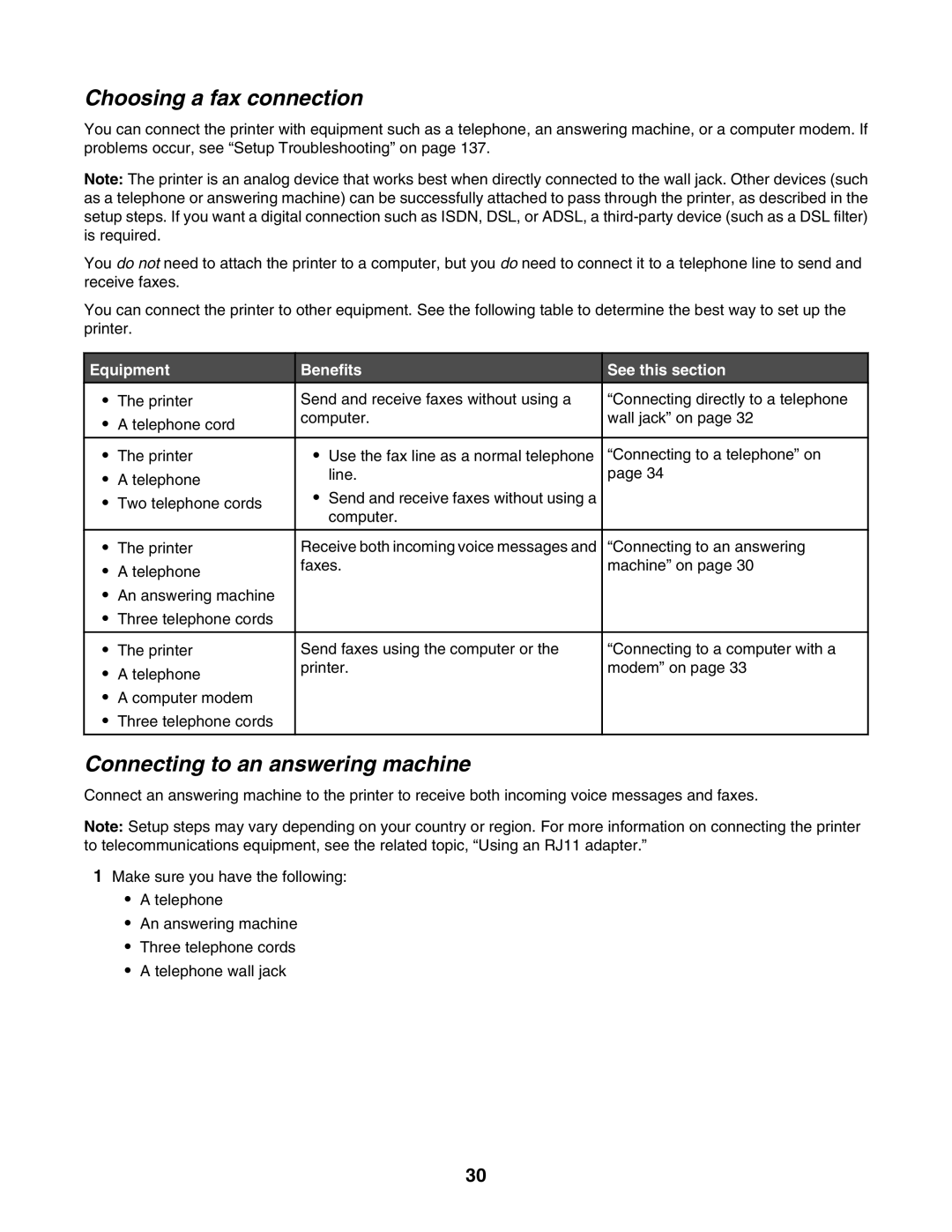 Lexmark 6500 Series Choosing a fax connection, Connecting to an answering machine, Equipment Benefits See this section 