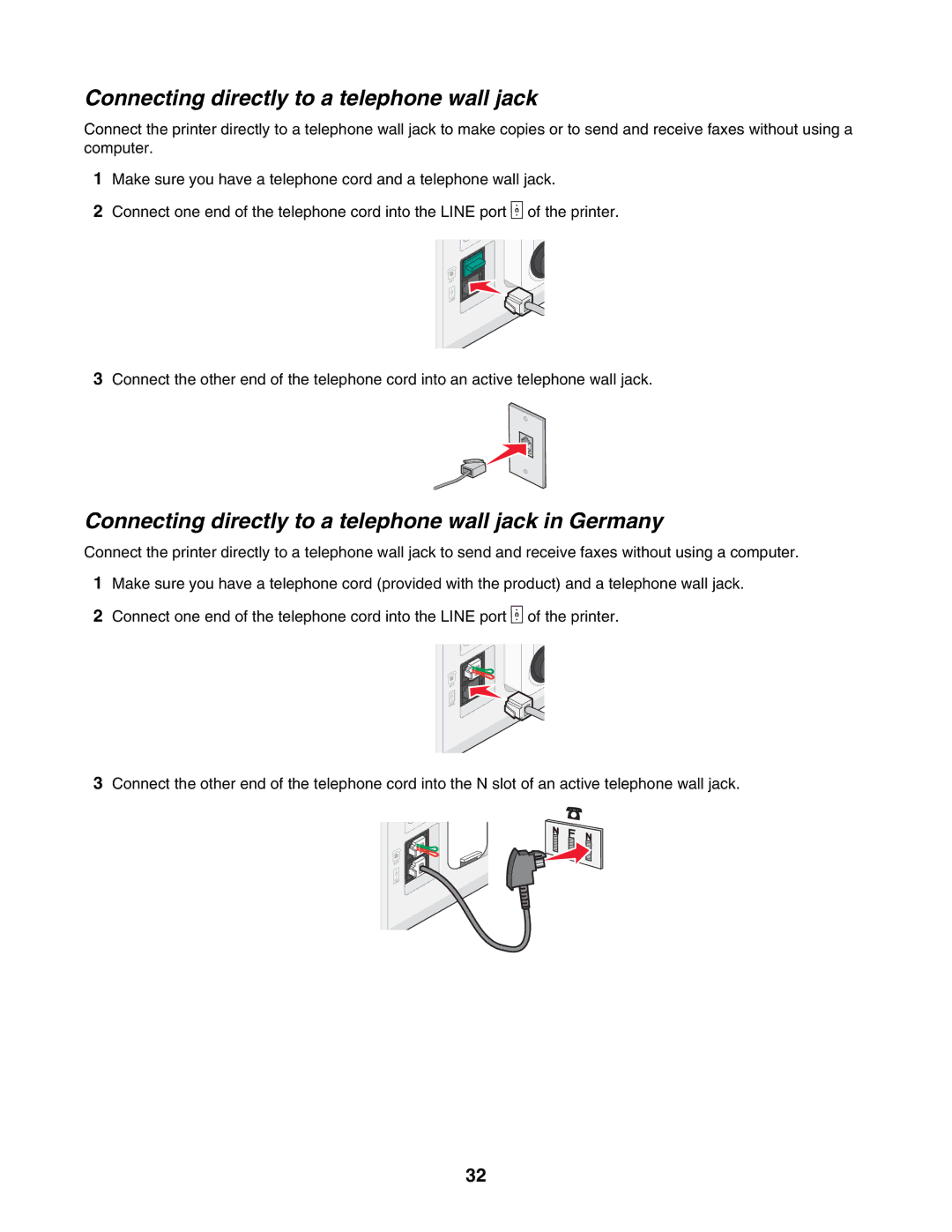 Lexmark 6500 Series manual Connecting directly to a telephone wall jack in Germany 