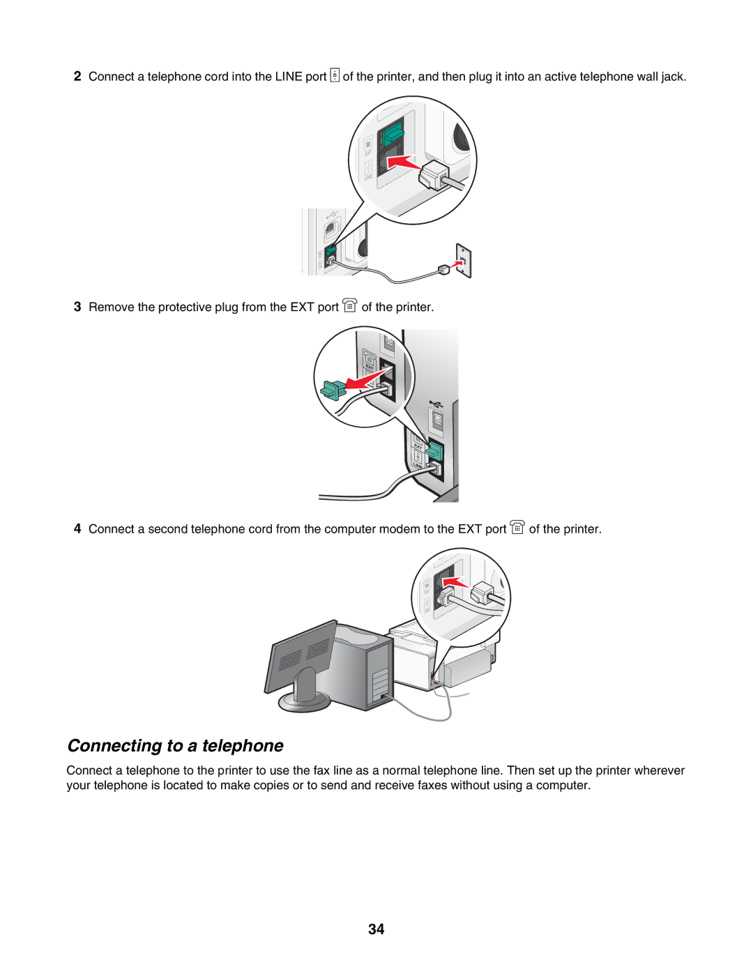 Lexmark 6500 Series manual Connecting to a telephone 