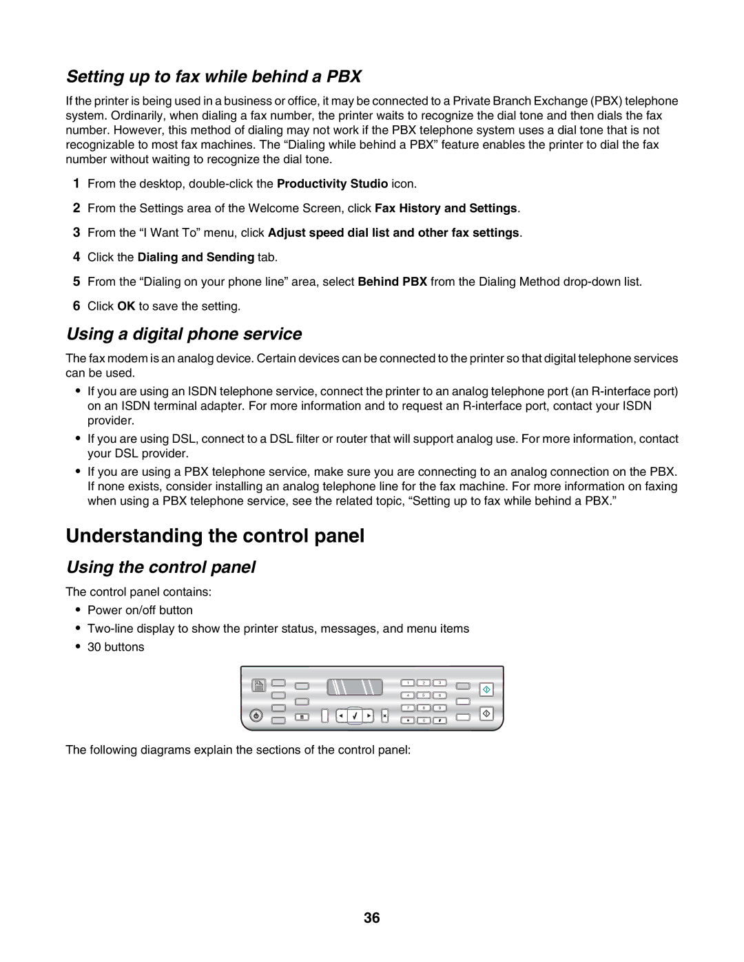 Lexmark 6500 Series Understanding the control panel, Setting up to fax while behind a PBX, Using a digital phone service 