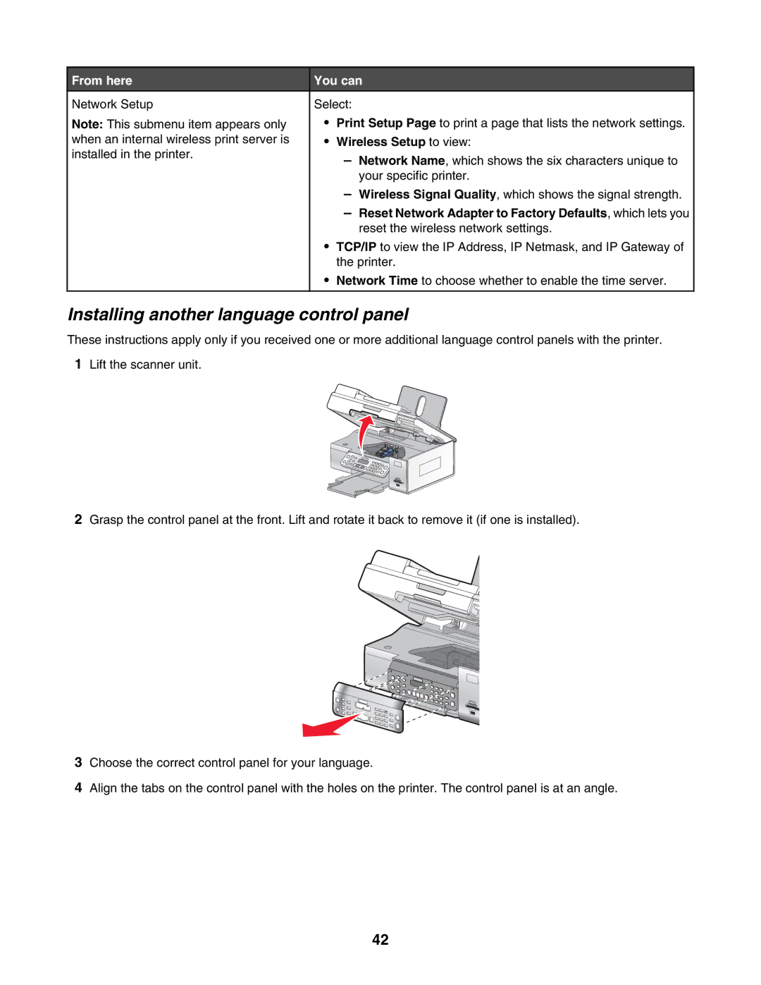 Lexmark 6500 Series manual Installing another language control panel, From here You can, Wireless Setup to view 