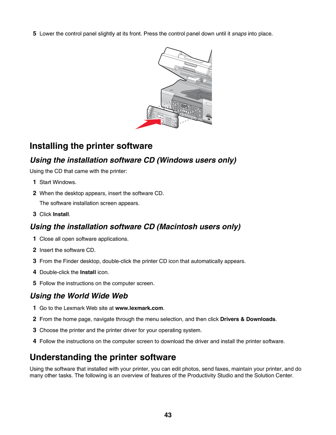 Lexmark 6500 Series manual Installing the printer software, Understanding the printer software, Using the World Wide Web 