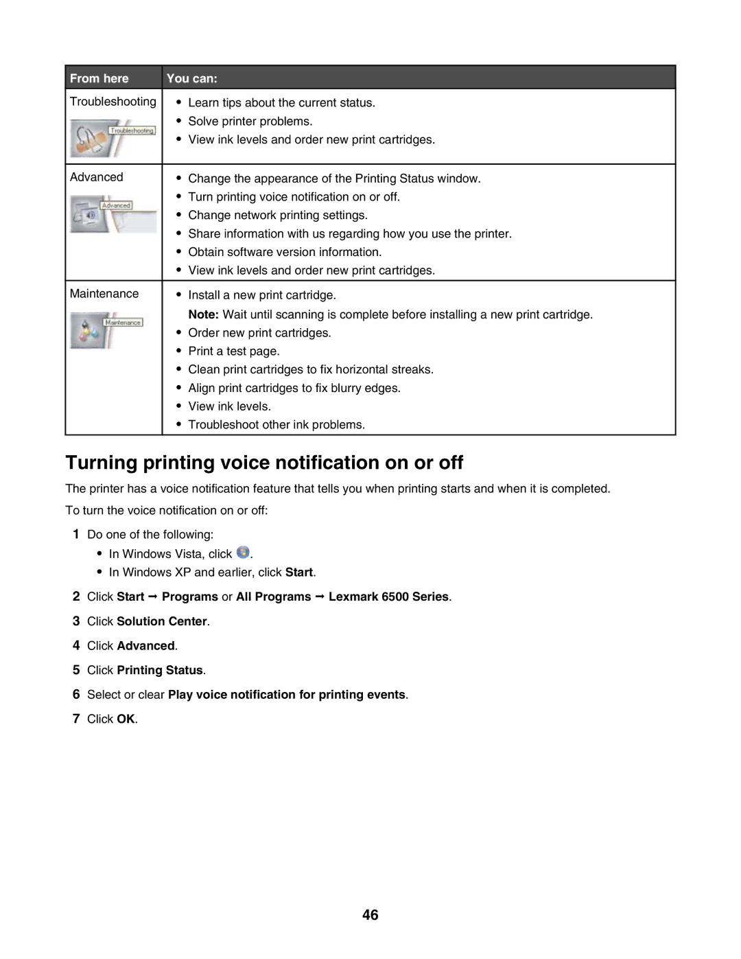 Lexmark 6500 Series manual Turning printing voice notification on or off 